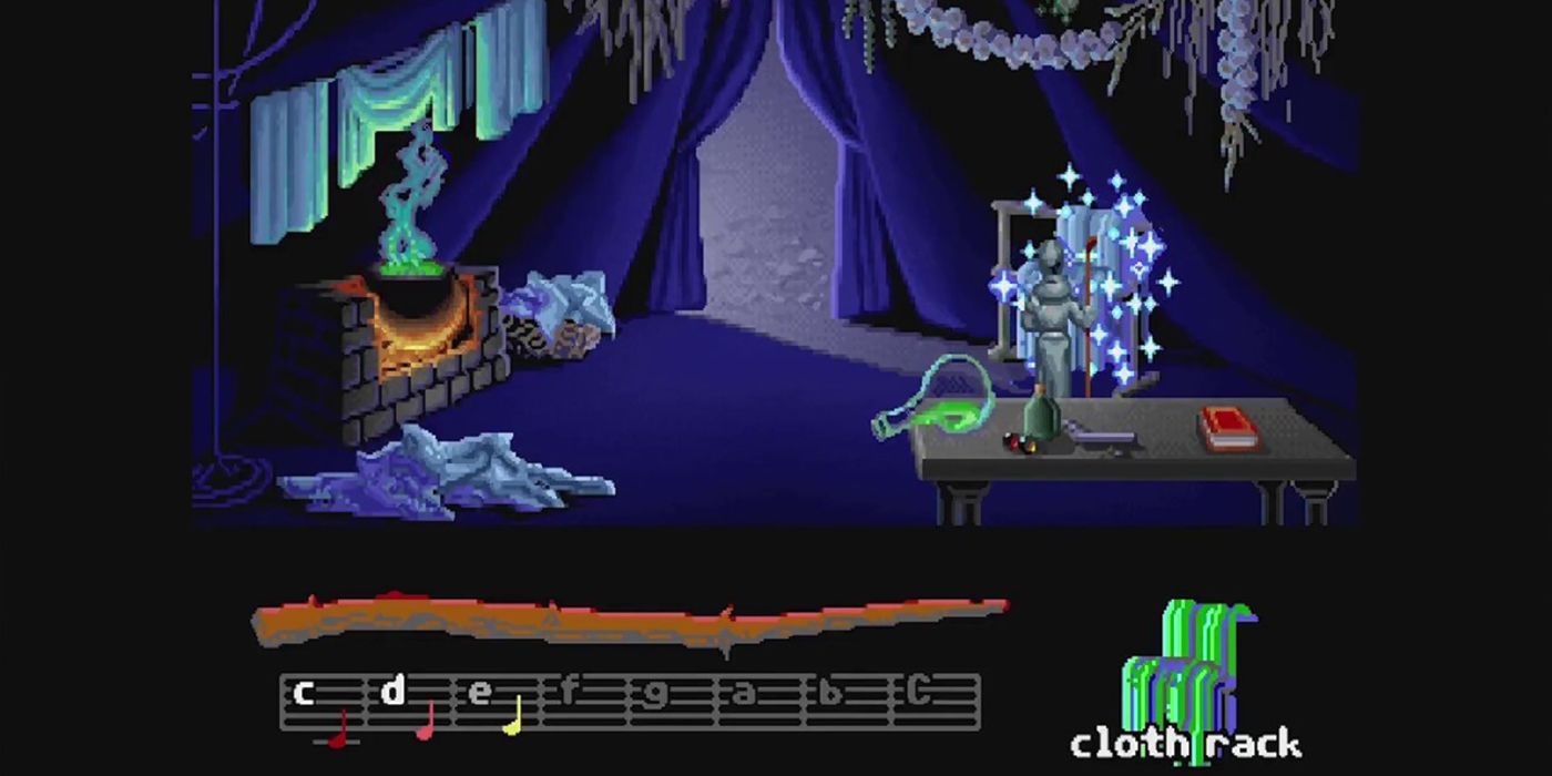 Loom screenshot showing the inside of a tent with the game's famous distaff on the bottom of screen