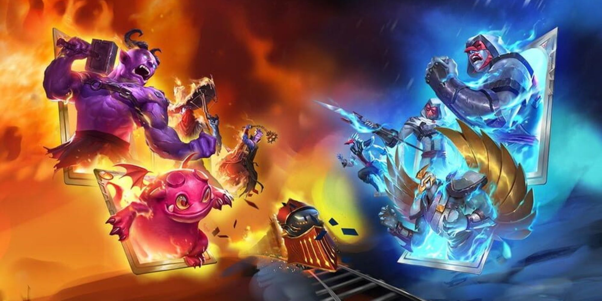 Monster Train video game official artwork red and blue warriors battle pose train driving in middle of image