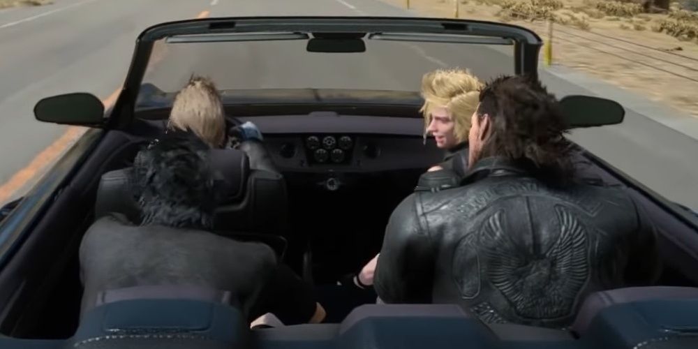 The four main characters from Final Fantasy 15 in the Regalia