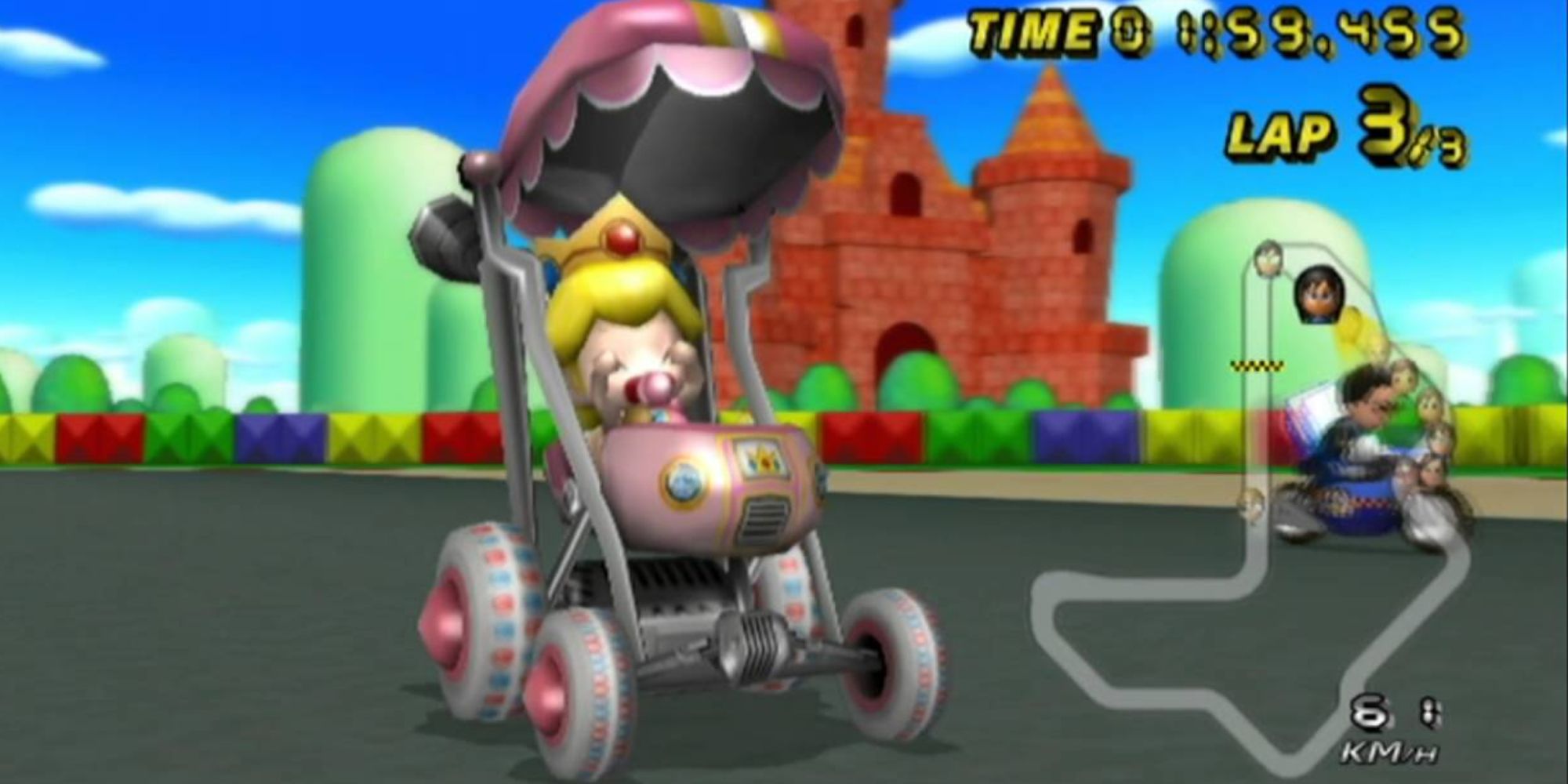 Mario Kart Vehicle Designs Baby Peach crying in Booster Seat with a mini-map in the bottom right and multicoloured castle in the distance