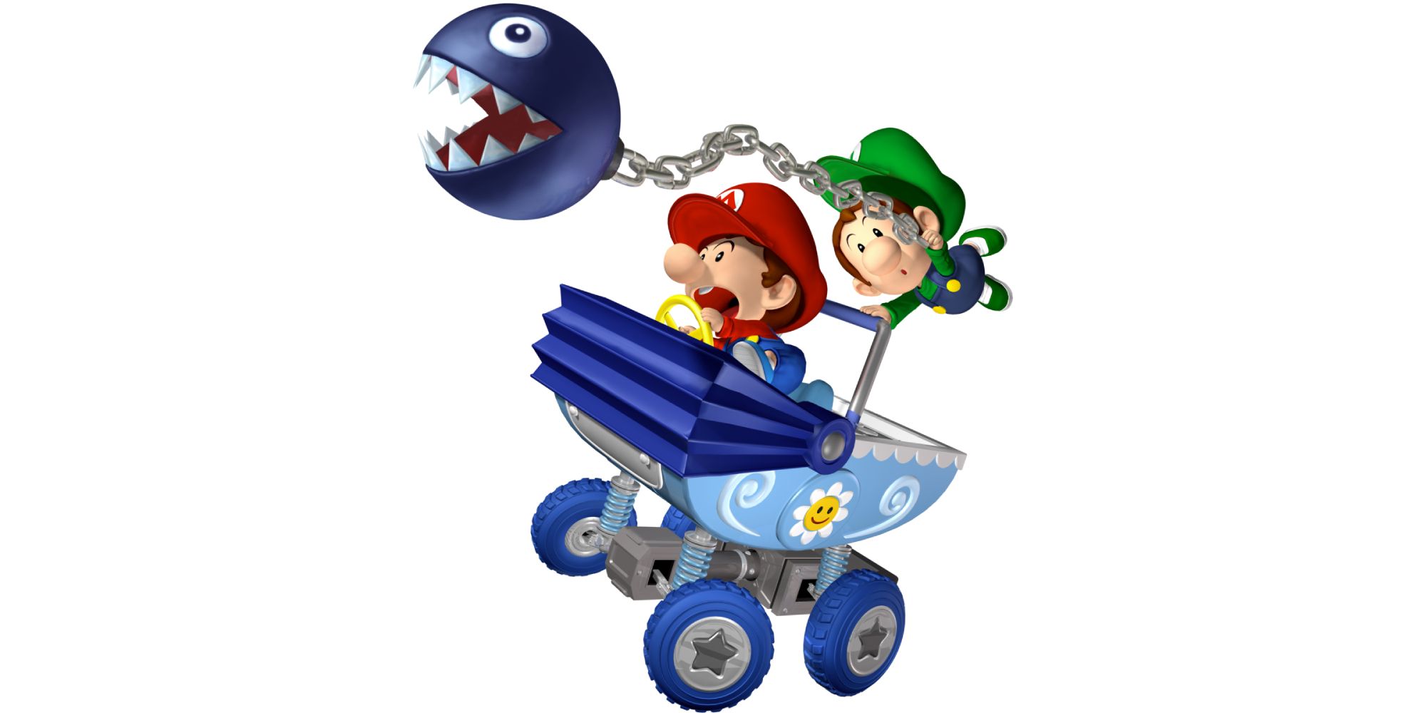 Mario Kart Vehicle Designs Baby Mario and Baby Luigi on the Goo-Goo Buggy kart with a chain chomp pulling them forwards