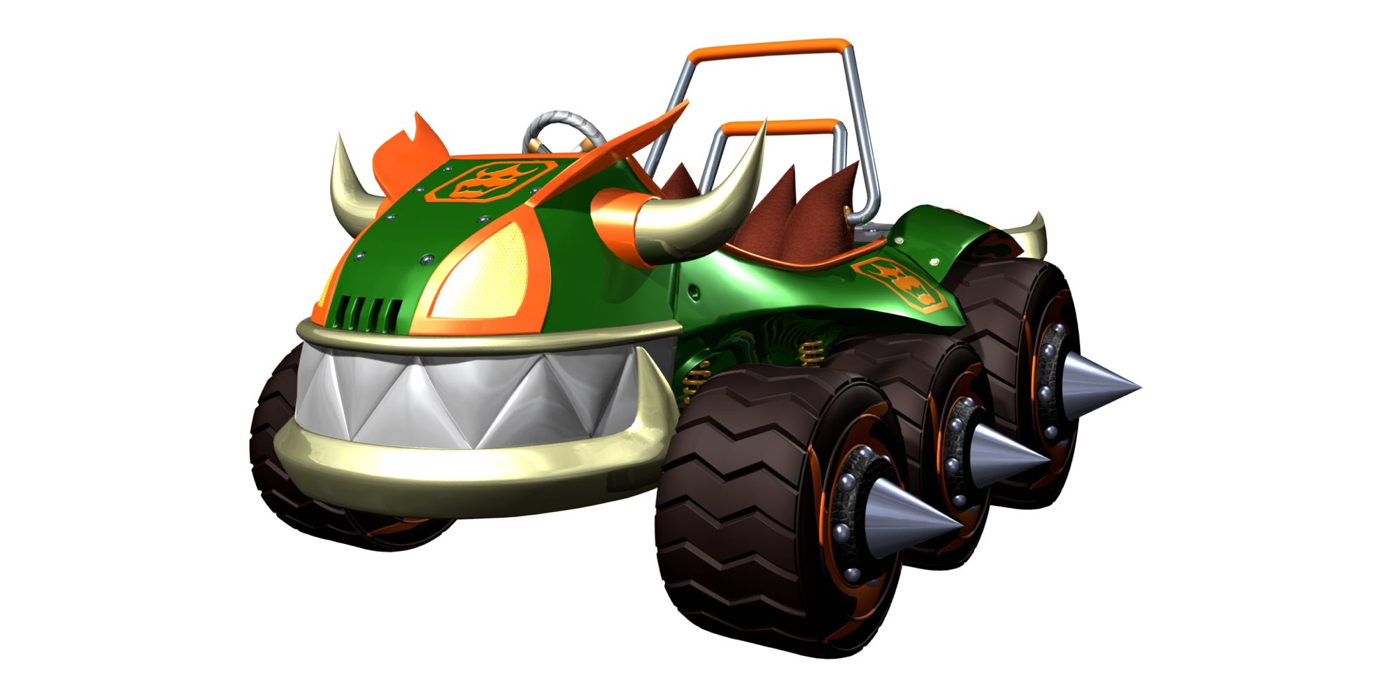 Mario Kart Vehicle Designs an empty Koopa King kart with spikes sticking out of its wheels and horns from the front against a white background