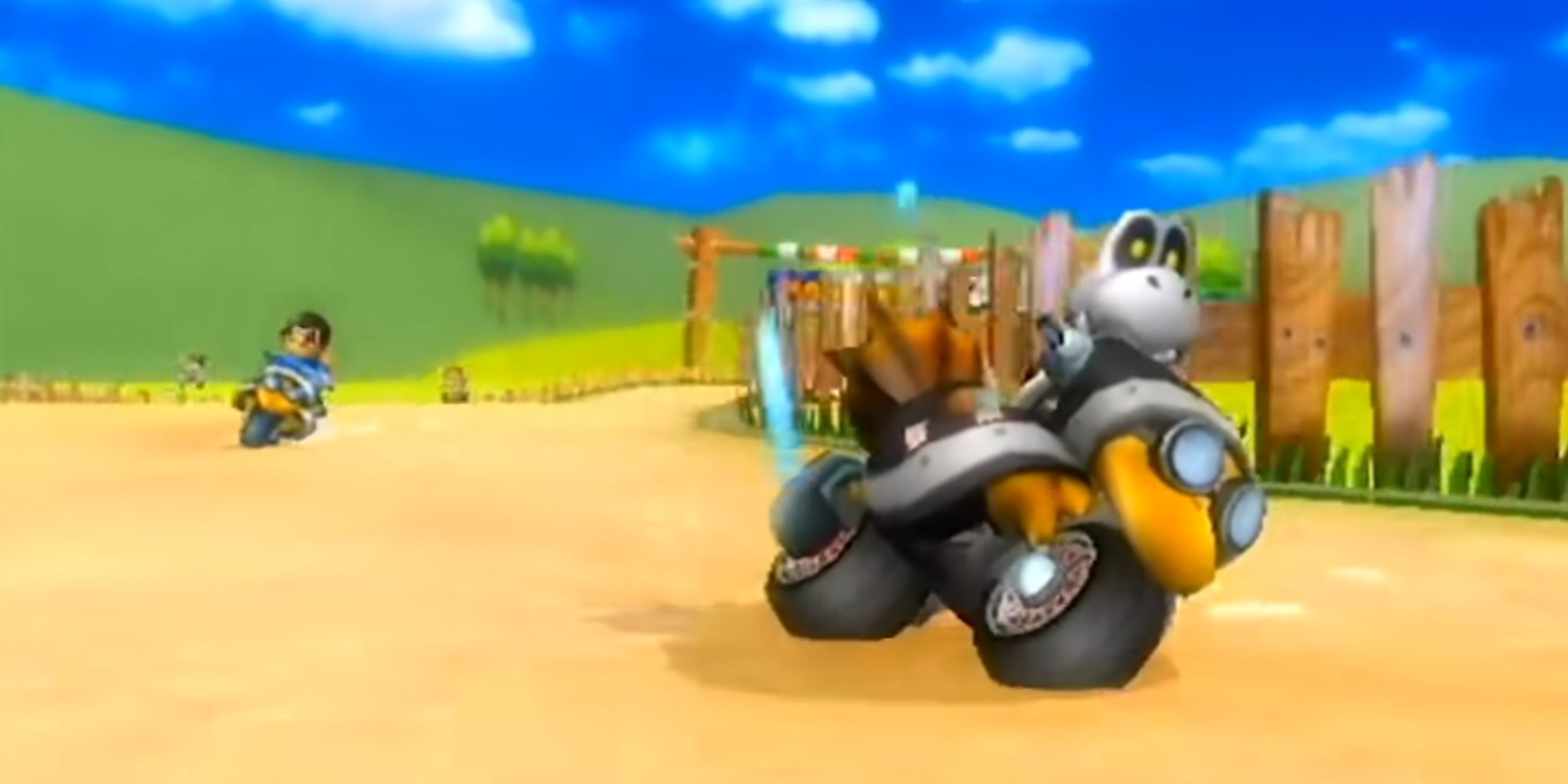 Mario Kart Vehicle Designs Dry Bones racing on the Magikoopa bike on Moo Moo Meadows with an opponent not far behind