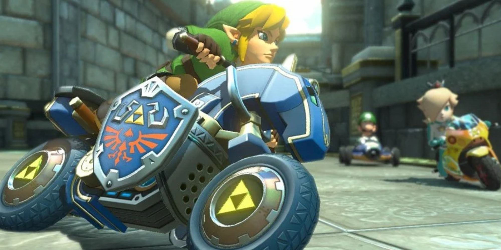 Mario Kart Vehicle Designs Link driving on his Master Cycle with Rosalina and Luigi racing after him in the background