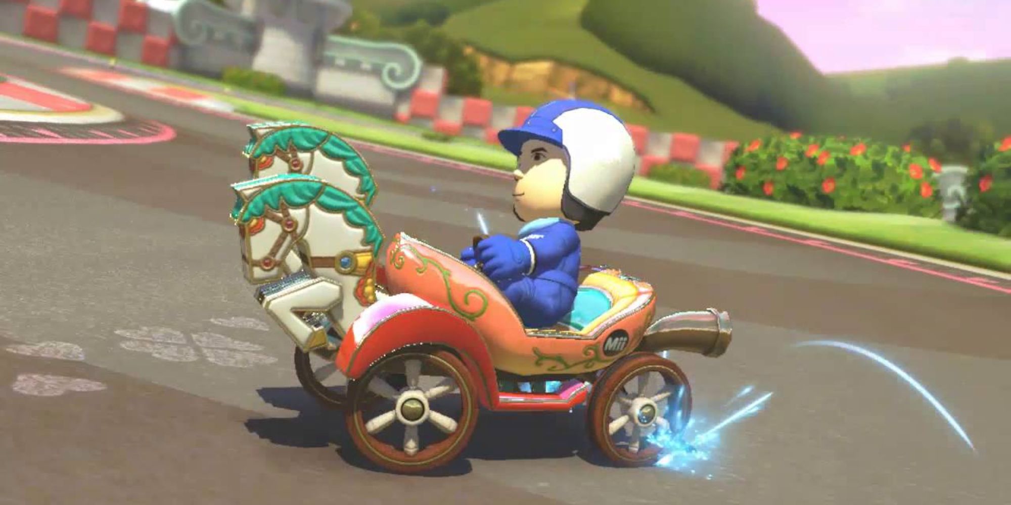 Mario Kart Vehicle Designs Mii racer skidding in Prancer along a racetrack with flowers and grass in the background