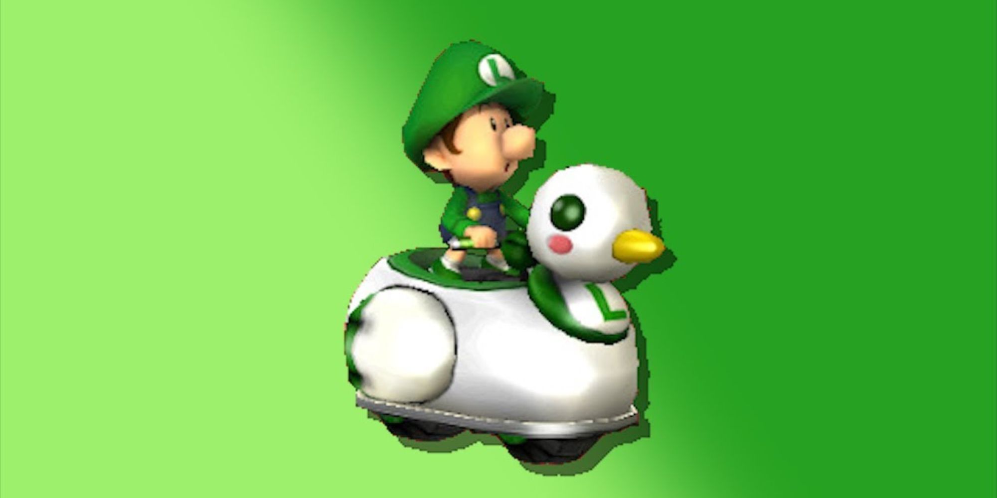 Mario Kart Vehicle Designs Baby Luigi on the Quacker bike against a gradient green backdrop
