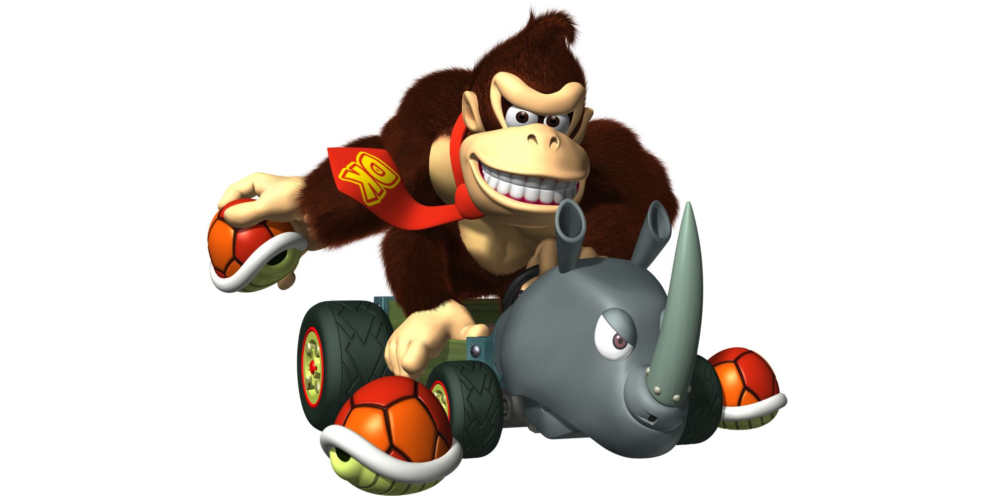 Mario Kart Vehicle Designs Donkey Kong grinning and throwing a red shell on his Rambi Raider against a white backdrop