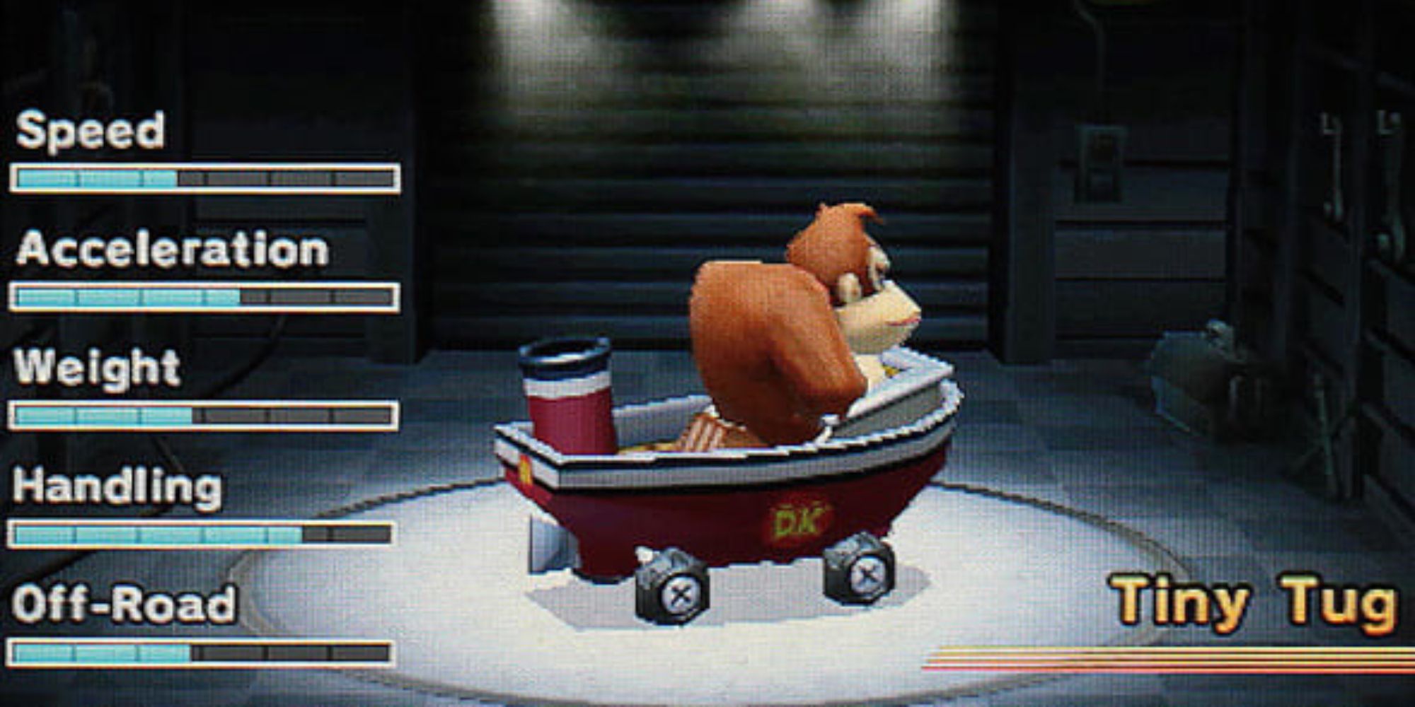 Mario Kart Vehicle Designs Donkey Kong in the Tiny Tug kart against a grey background with statistics on his left