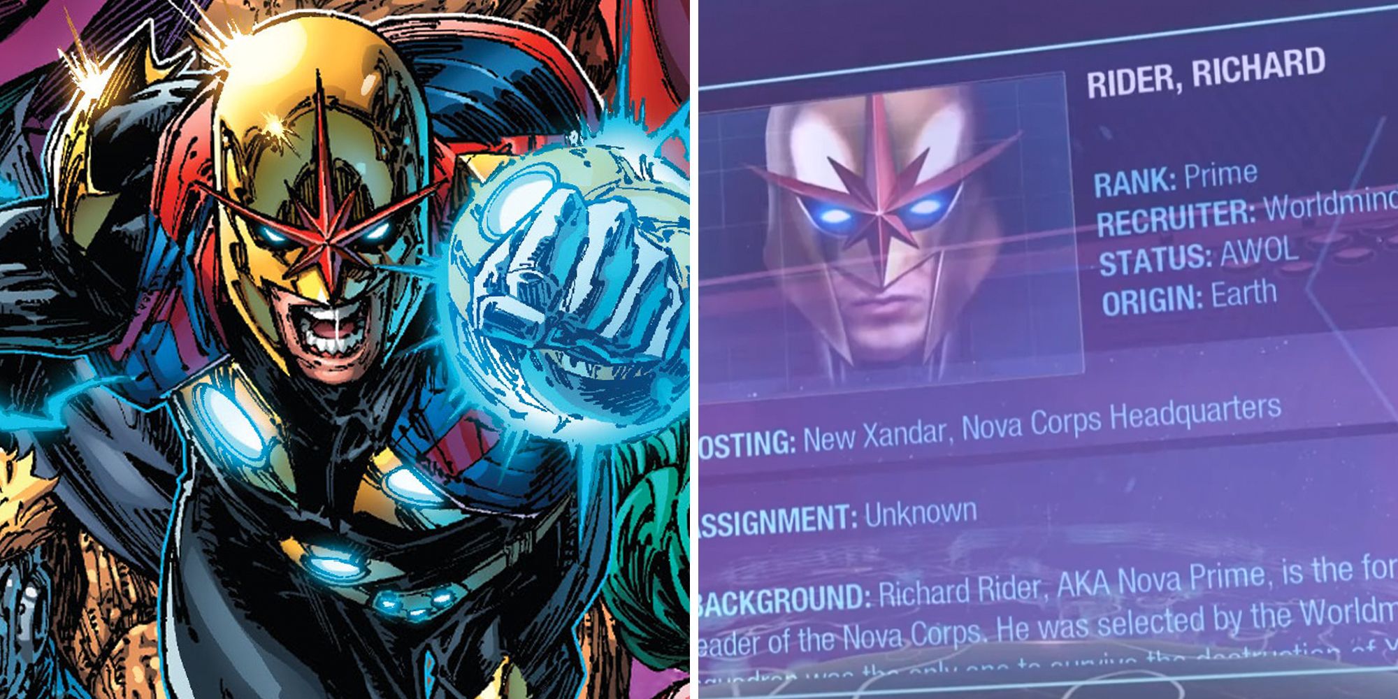 Marvel's Guardians Of The Galaxy. Split image. Richard Rider comic on the left and Richard Rider information database on right.