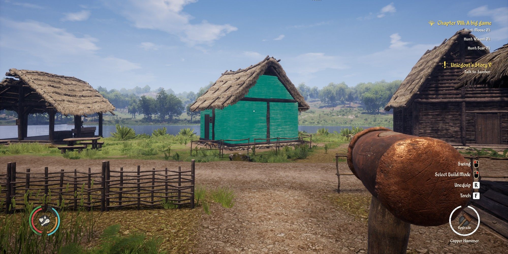 a player holding a hammer and looking towards an upgradable building