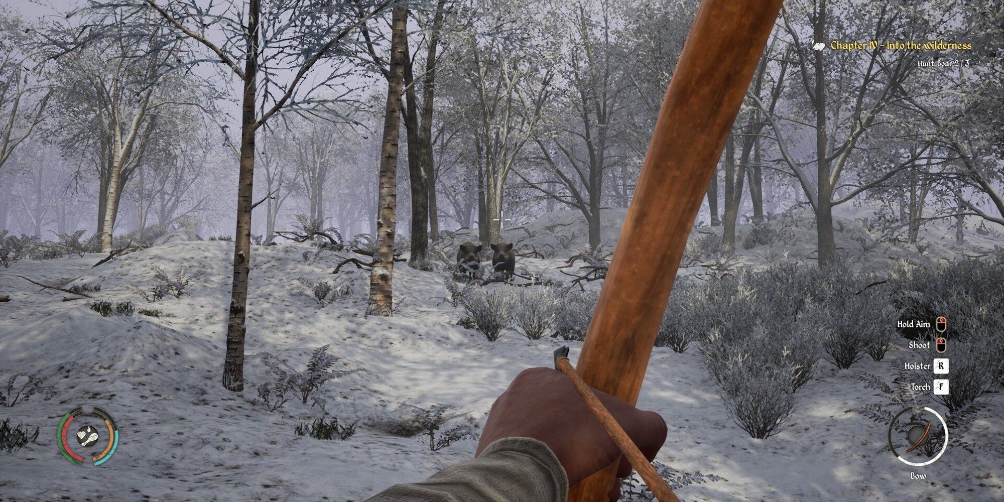 player hunting two boar with a bow and arrow during the winter