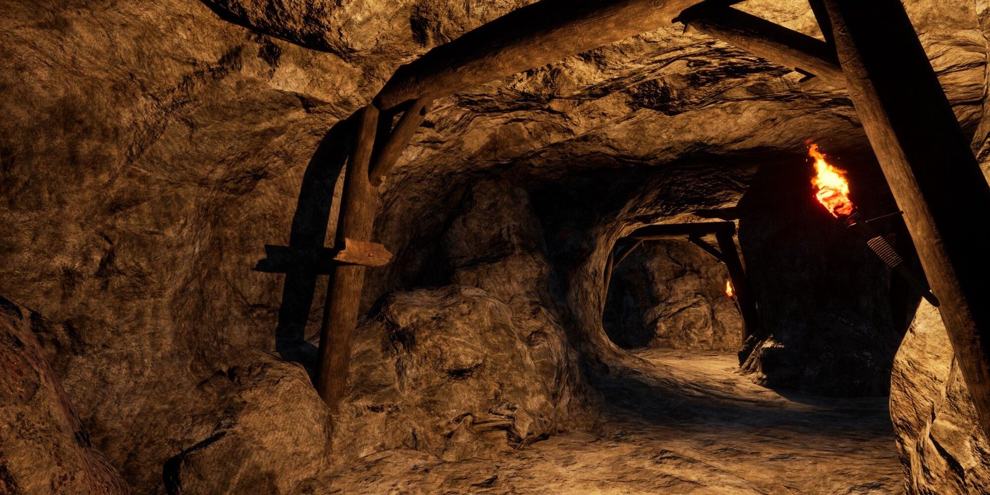 player standing in a mine with lighting
