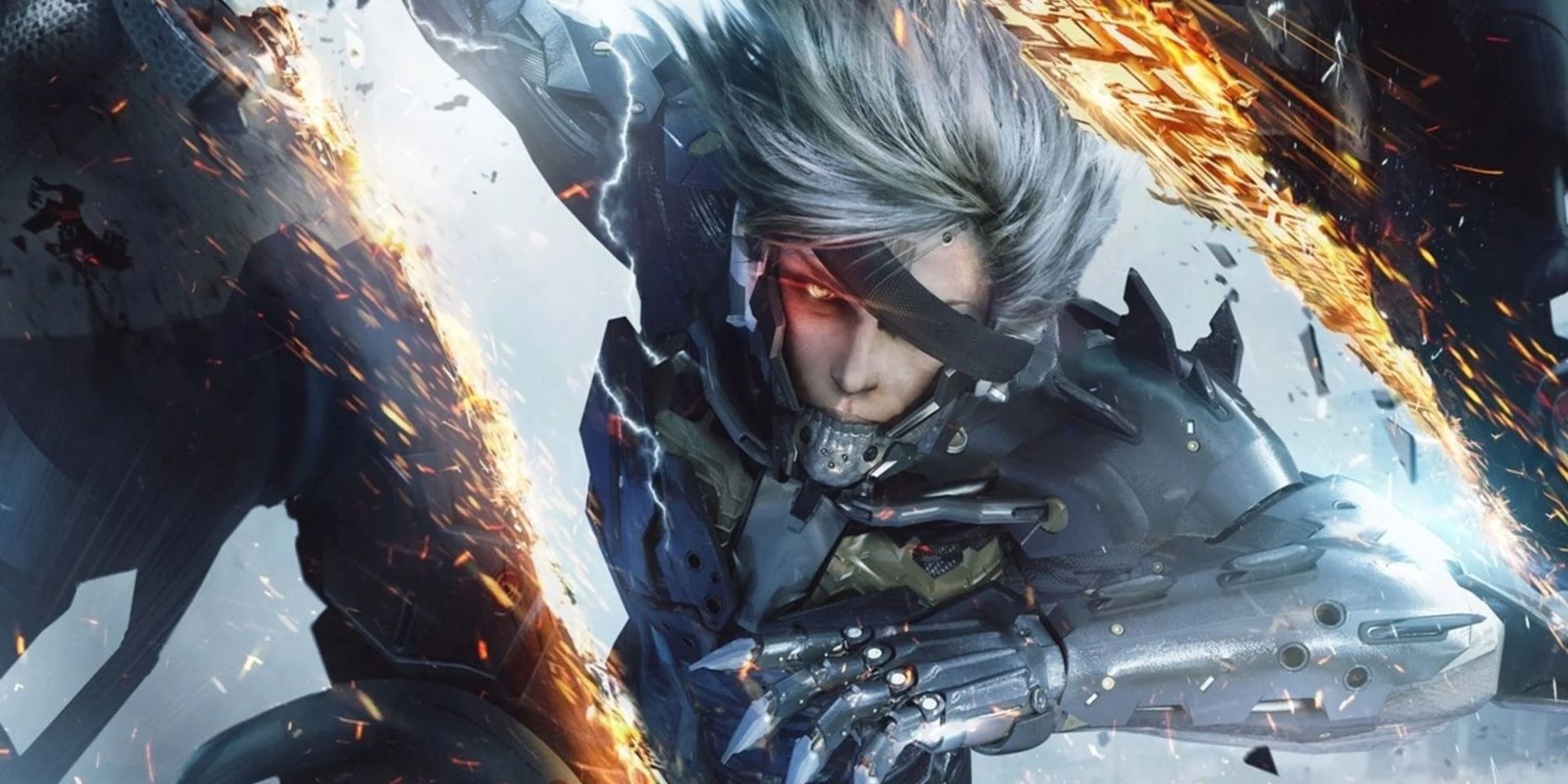Metal Gear Rising Revengance featuring Raiden slicing the picture with his katana