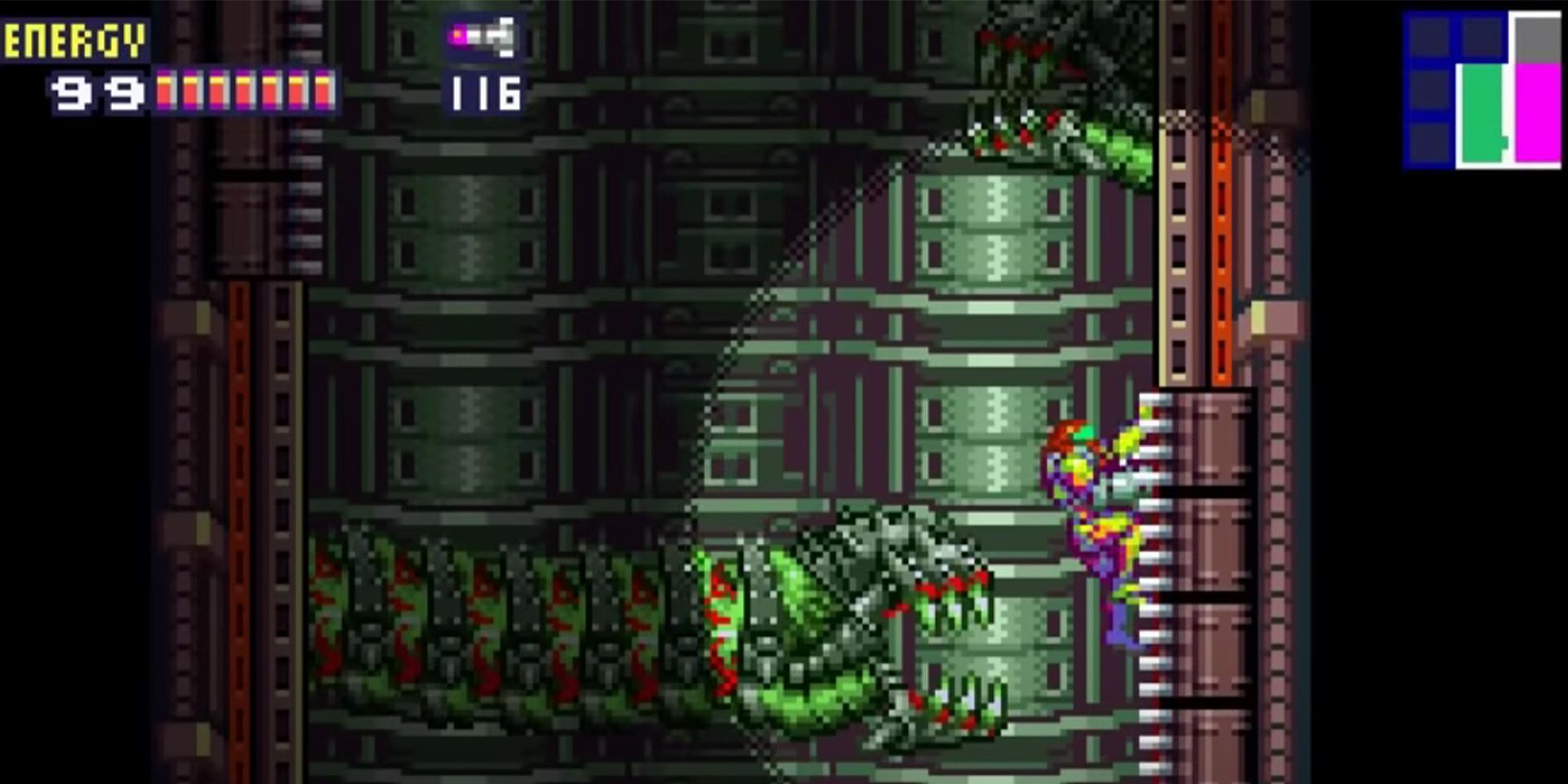 Metriod Fusion on Gameboy Advanced. Samus narrowly avoids being eaten by a giant Worm