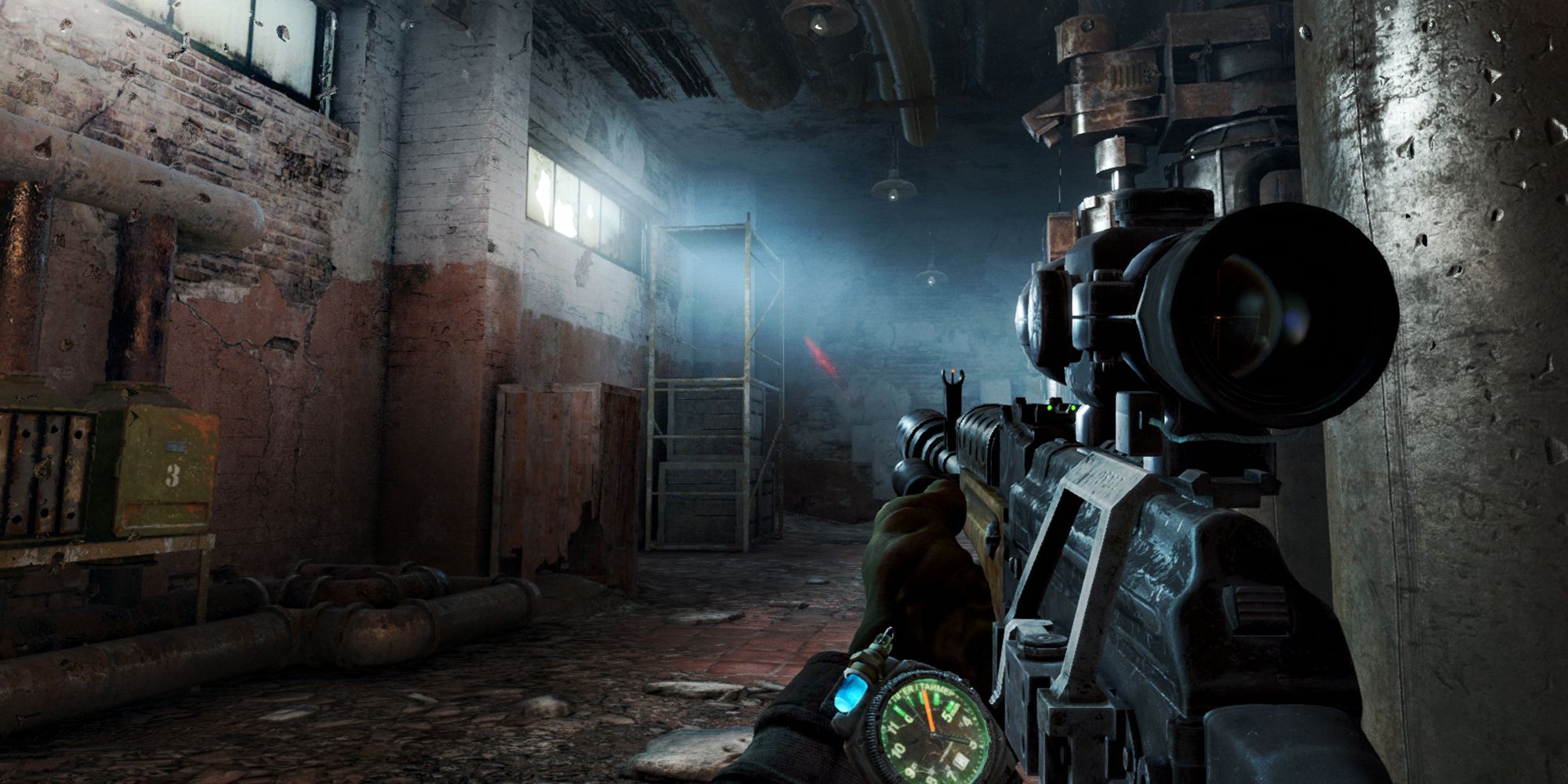 Metro Last Light. Artyom aiming his weapon into the distance.