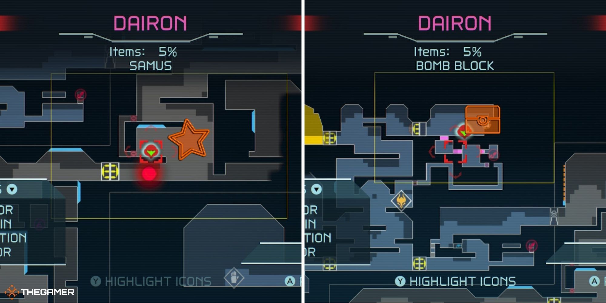 Metroid Dread - Map of Dairon with locations of the slide jump and bomb upgrade marked