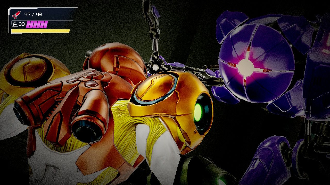 Metroid Dread's Purple EMMI attacking Samus