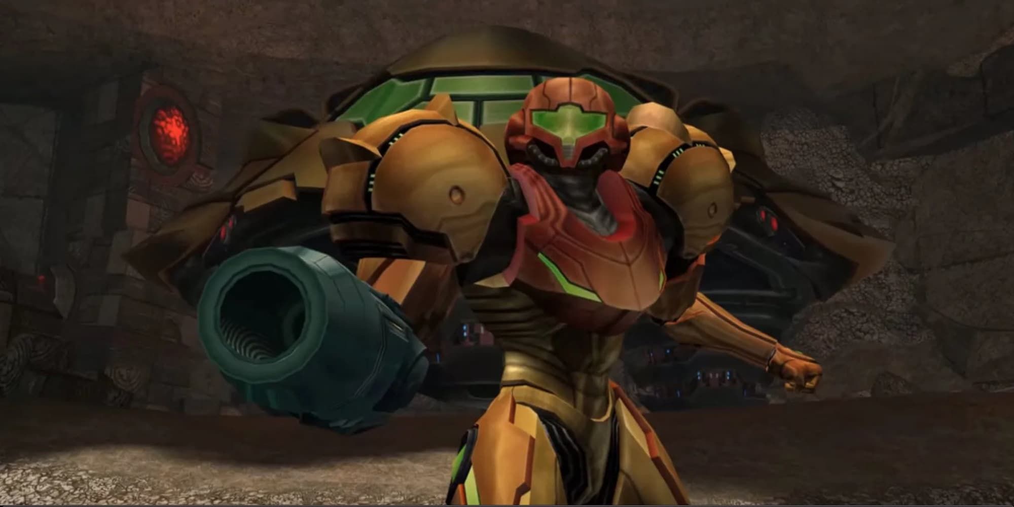 Samus standing in front of her ship in Metroid Prime 2