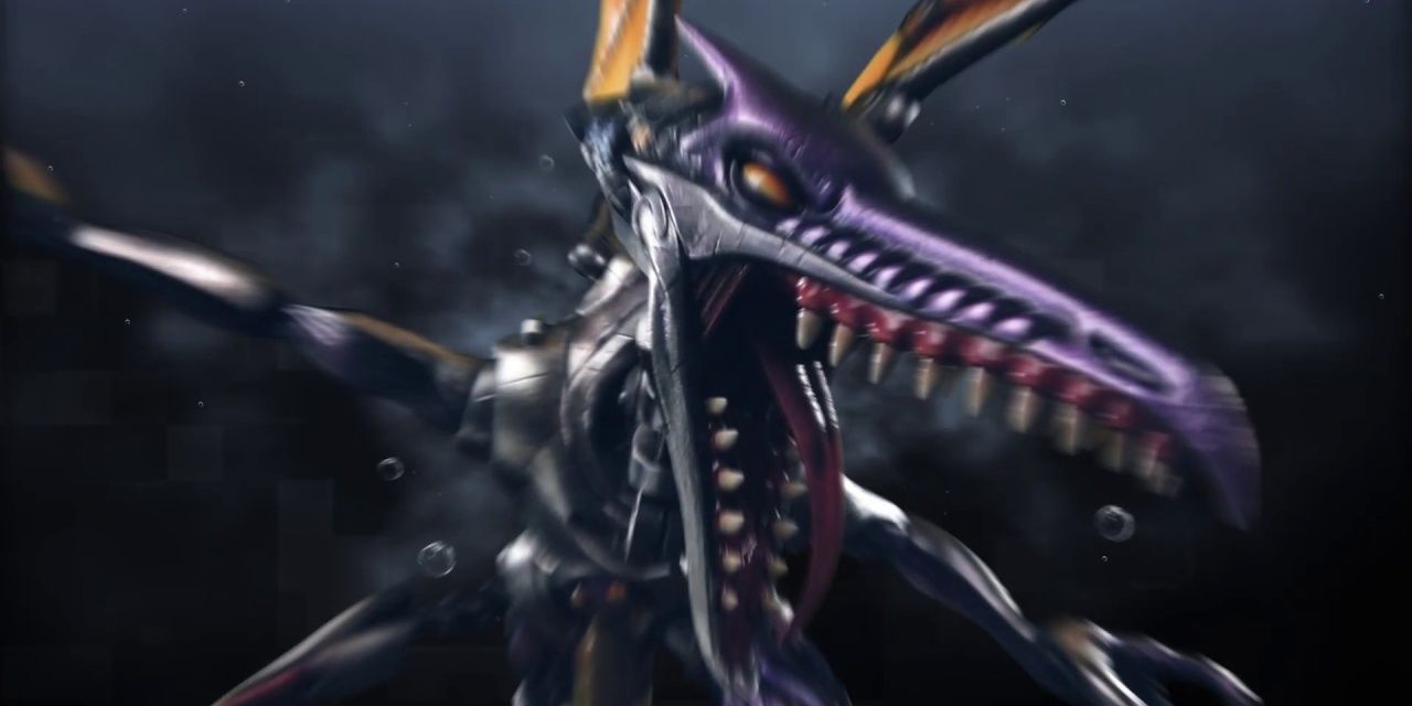 Metroid Ridley charging towards the screen ready to bite