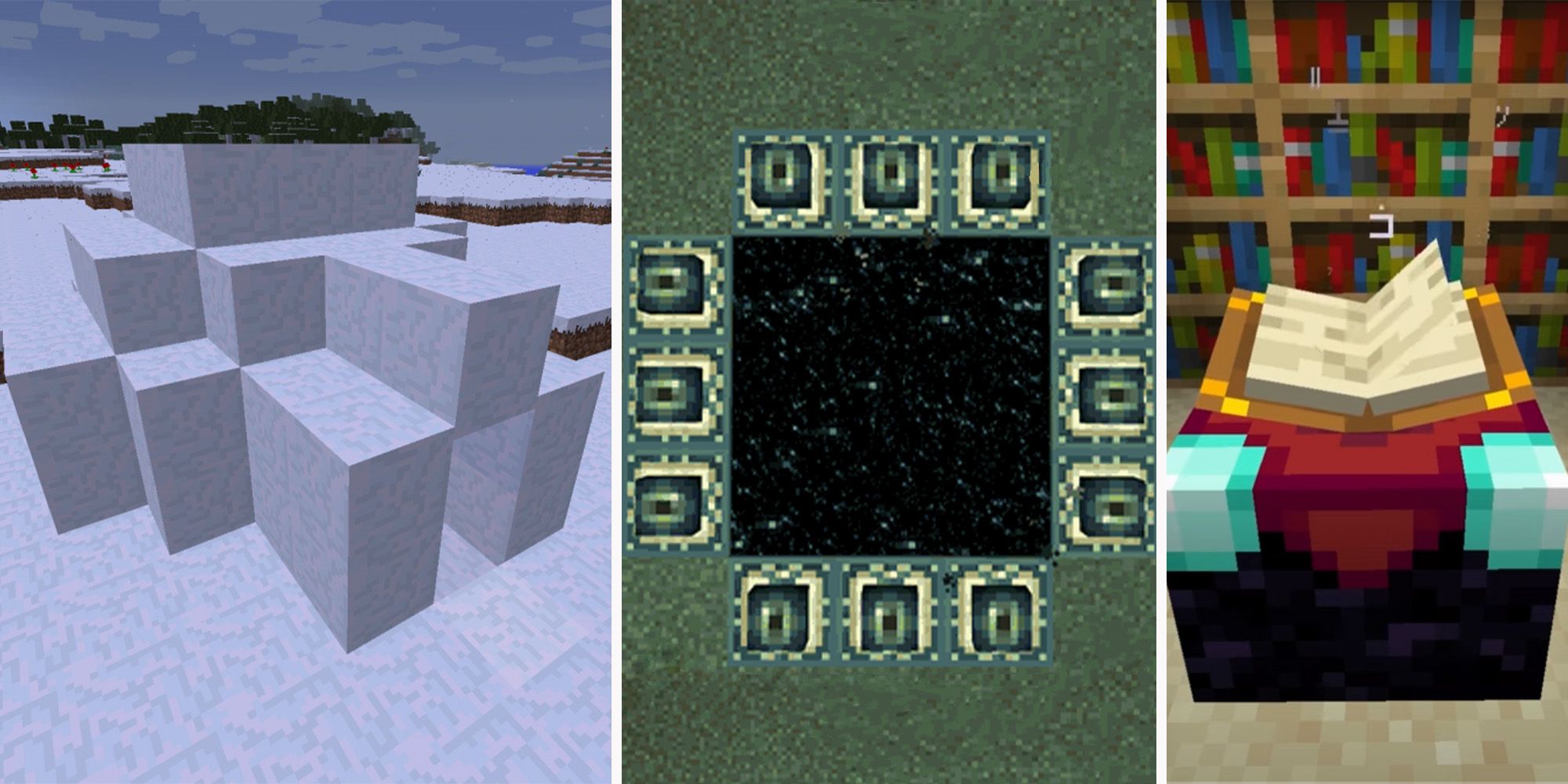 Mincraft Lore Feature Image with an Igloo, an End portal, and and enchanting table