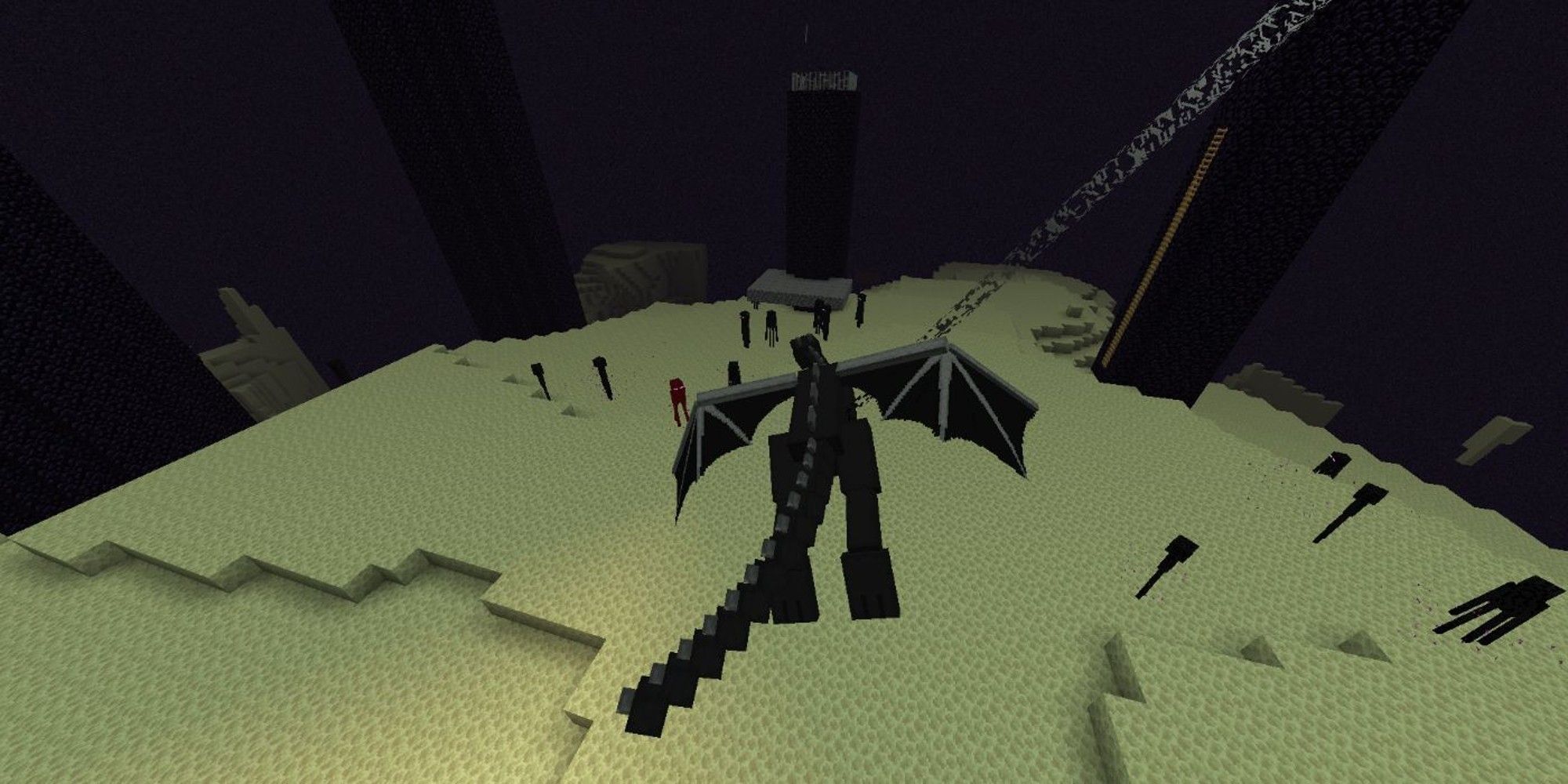 ender dragon viewed from on top of a tower, tethered to 1 end crystal