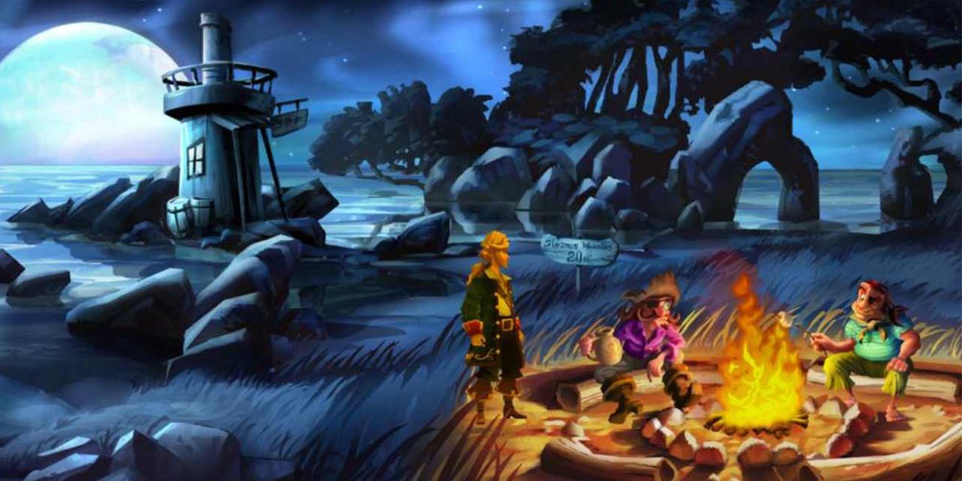 Monkey Island 2 art, characters sitting around a campfire