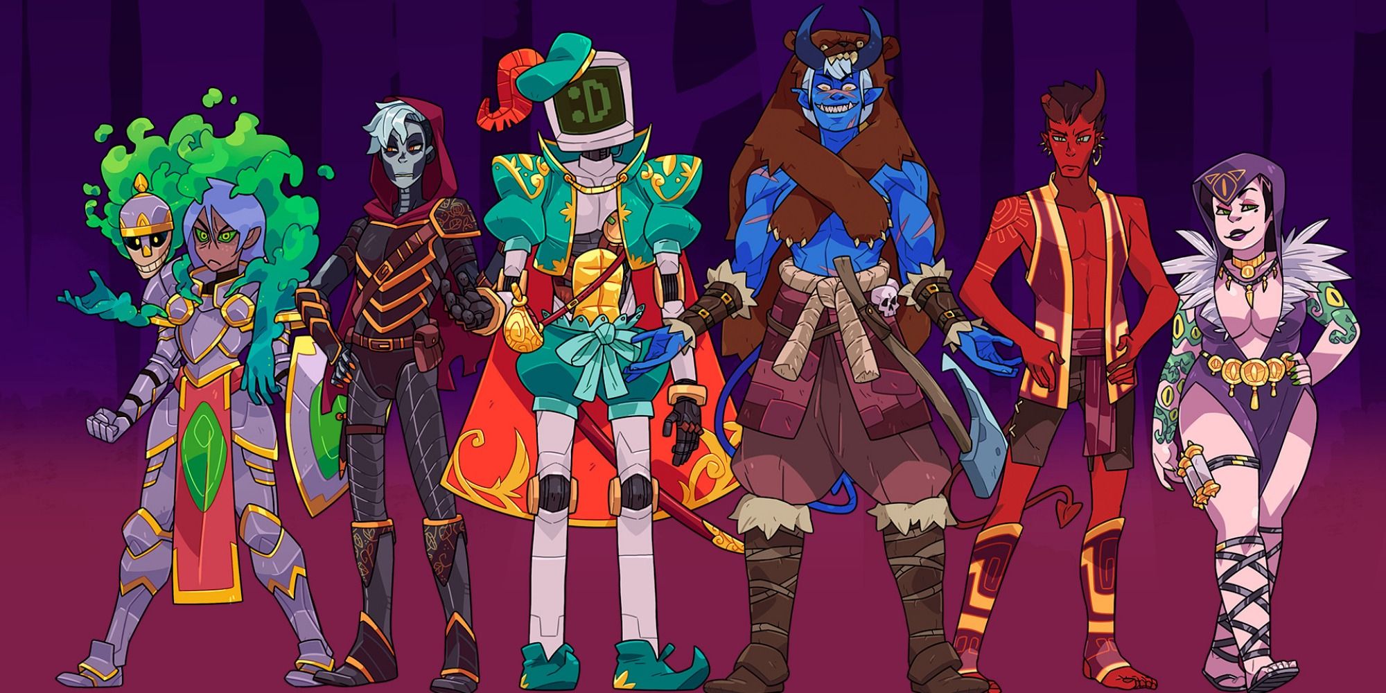 Monster Camp - The Main Cast Standing In A Row. From Left To Right: Aaravi, Milo, Calculester, Dahlia, Damien, And Joy