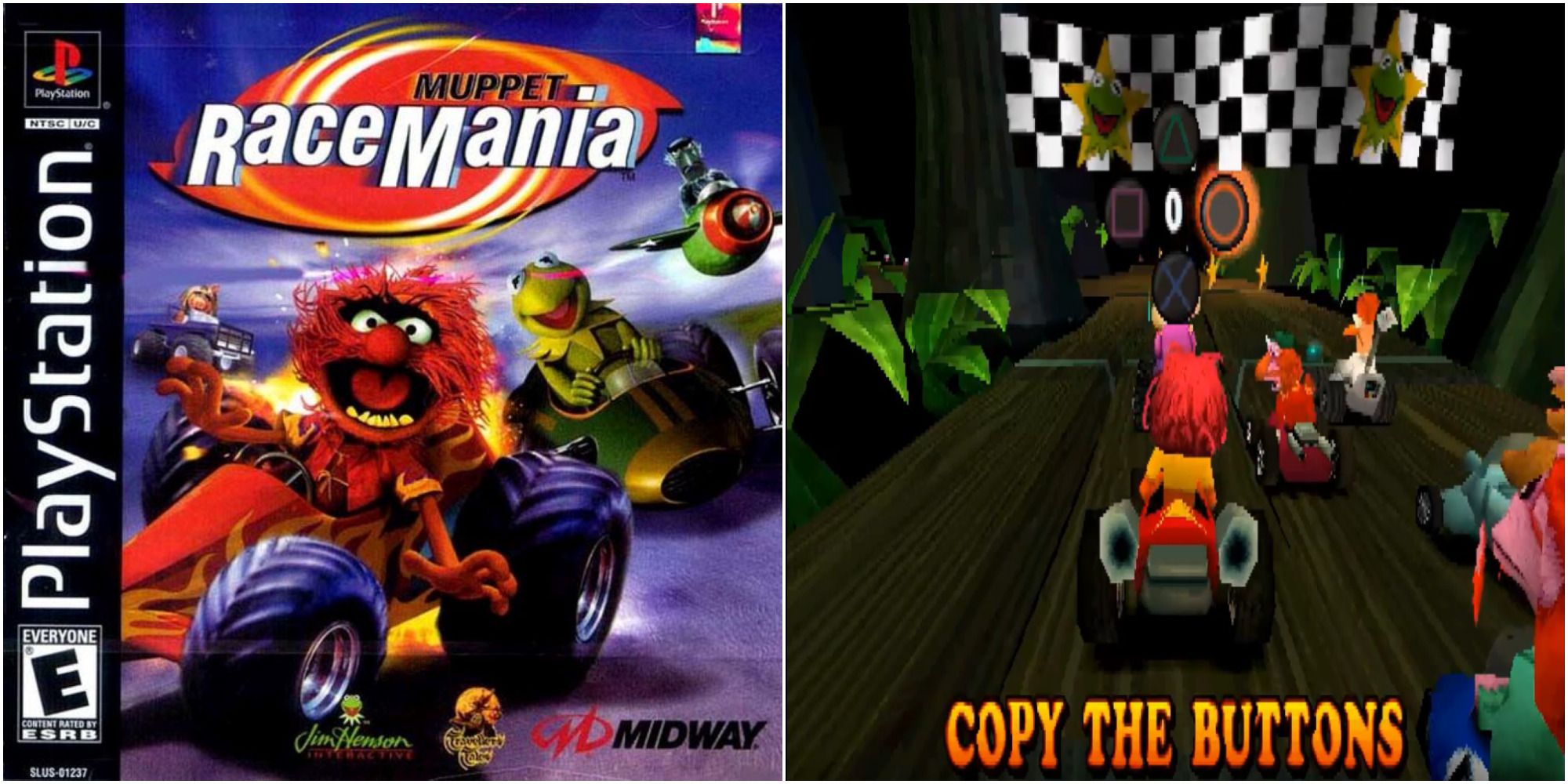 Split image Muppet RaceMania Cover with Animal, Kermit the frog, and Sam the Eagle kart racing. Gameplay of Animal starting race and copying button inputs.