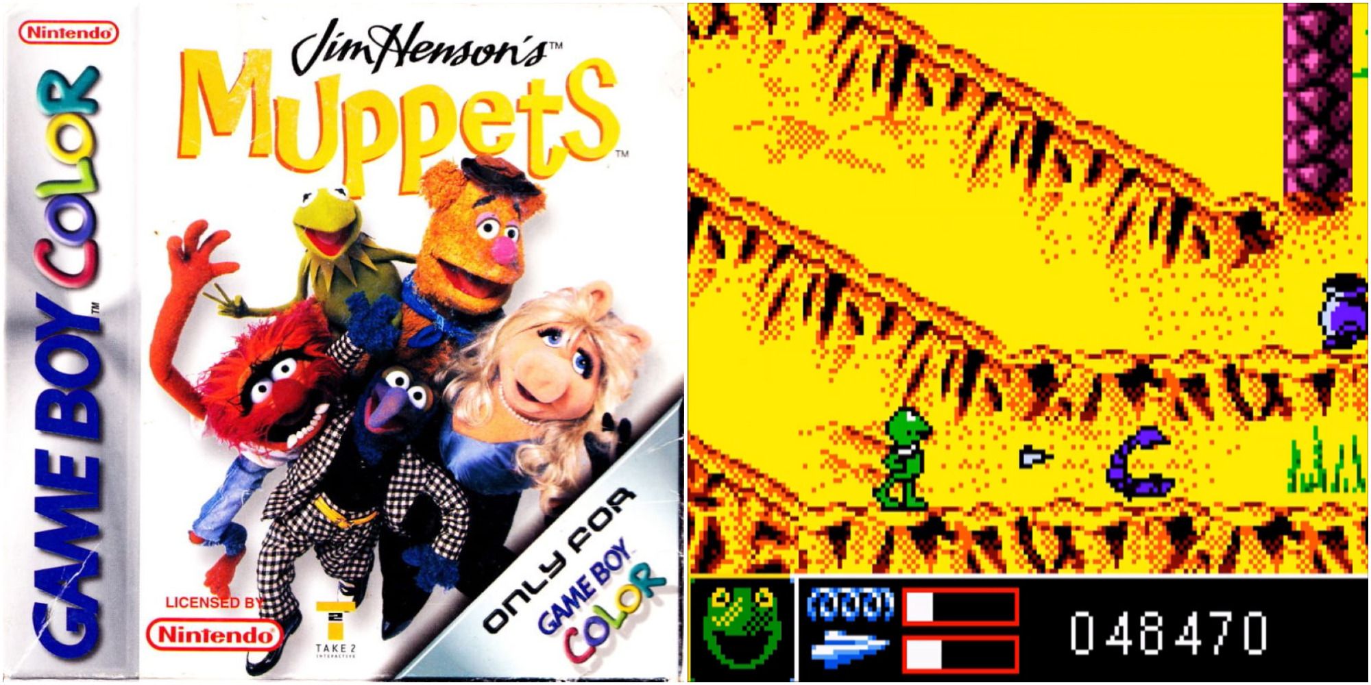 Split image Muppets Game Boy Color Cover featuring Kermit the frog, Animal, Fozzie Bear, Gonzo, and Miss Piggy and gameplay of Kermit in Ancient Egypt