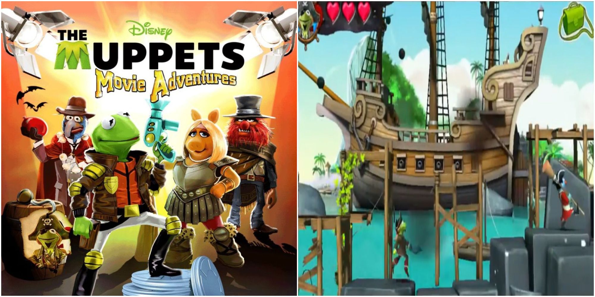 Split image Muppets Movie Adventures Cover for PS Vita featuring cast and Kermit pirate level gameplay