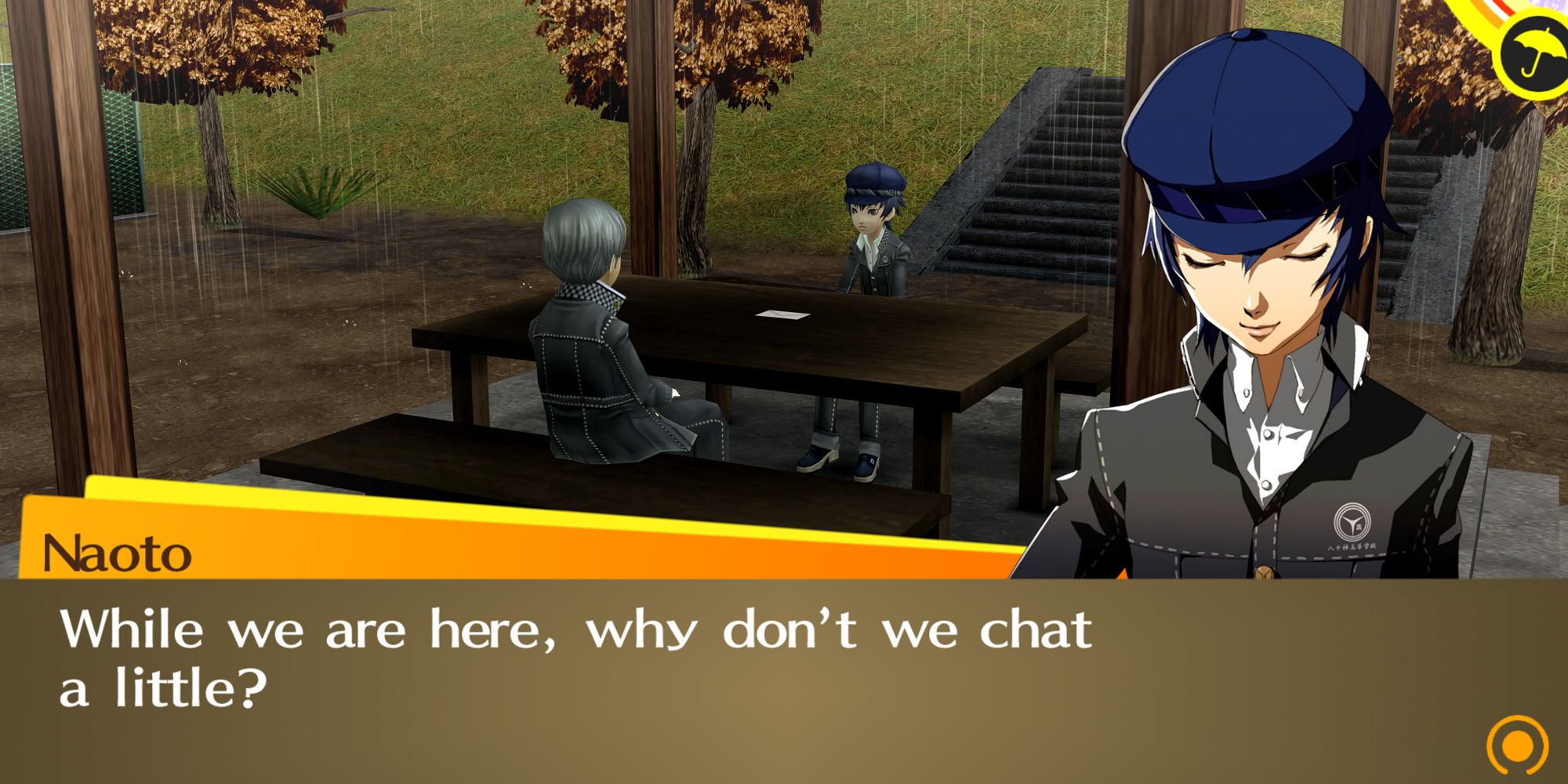 Naoto and Yu talking in the park at a picnic table in Persona 4 Golden