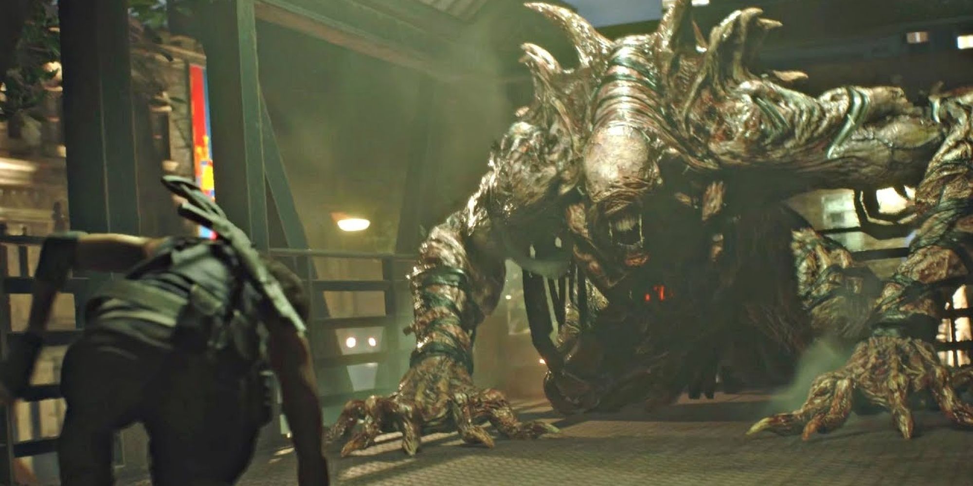 Nemesis in its second form attacking Jill on the bridge Resident Evil 3 Cropped