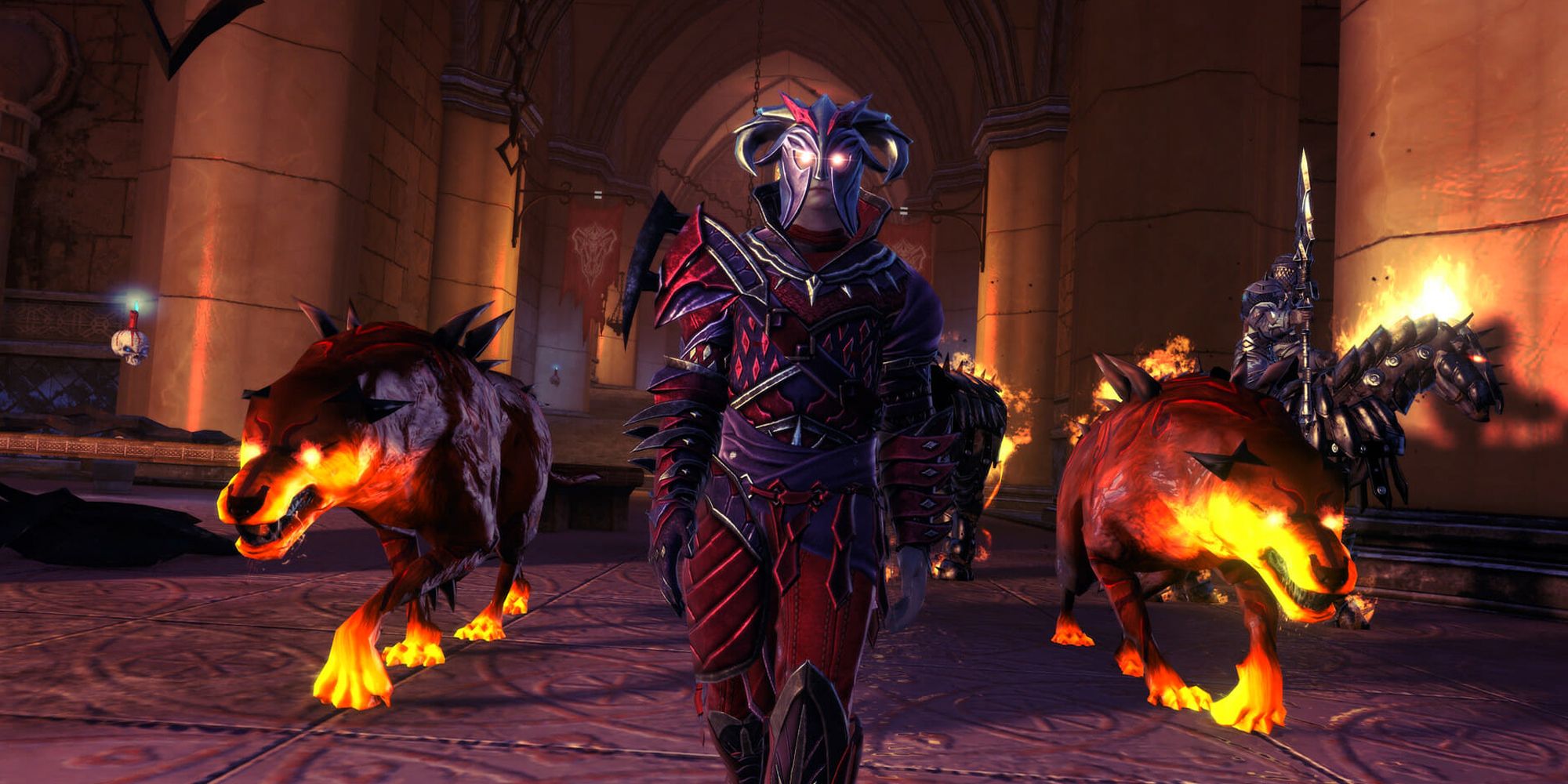 Neverwinter. Two glowing dogs standing on the left and right of the playable character.