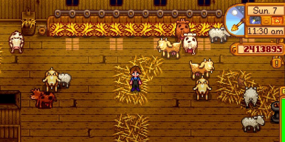 A Screenshot Of A Barn With Animals With No Eyes In Stardew Valley