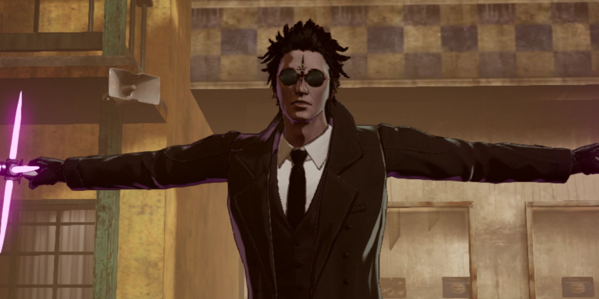 The character Henry Cooldown brandishes his weapon in No More Heroes 3