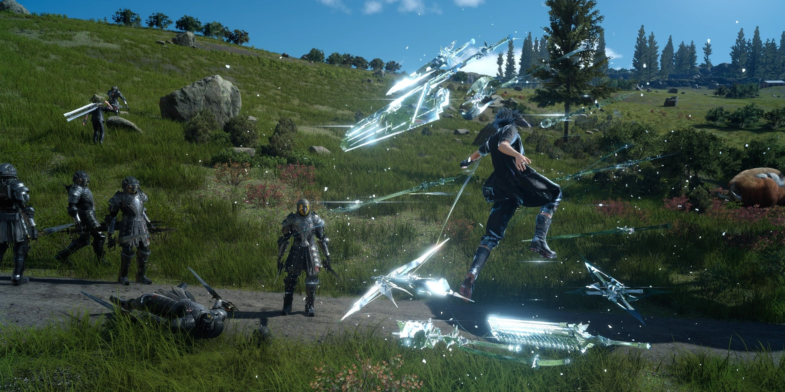 Noctis using the armiger against imperials, featuring the many royal arms