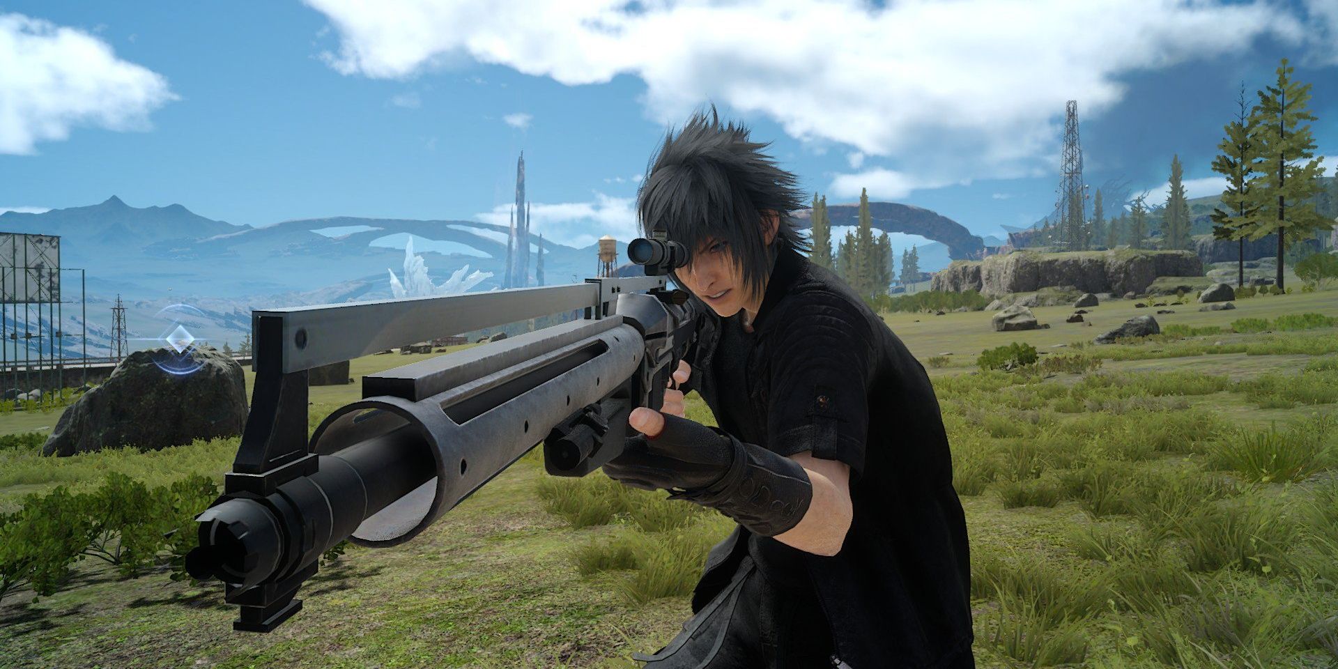 Noctis pointing the cerberus sniper rifle to the bottom left while aiming down the sight