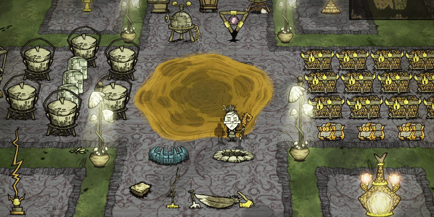 Don't Starve Together Wickerbottom In The Oasis Camp Surrounded By Mushlights, A Firepit And Chests