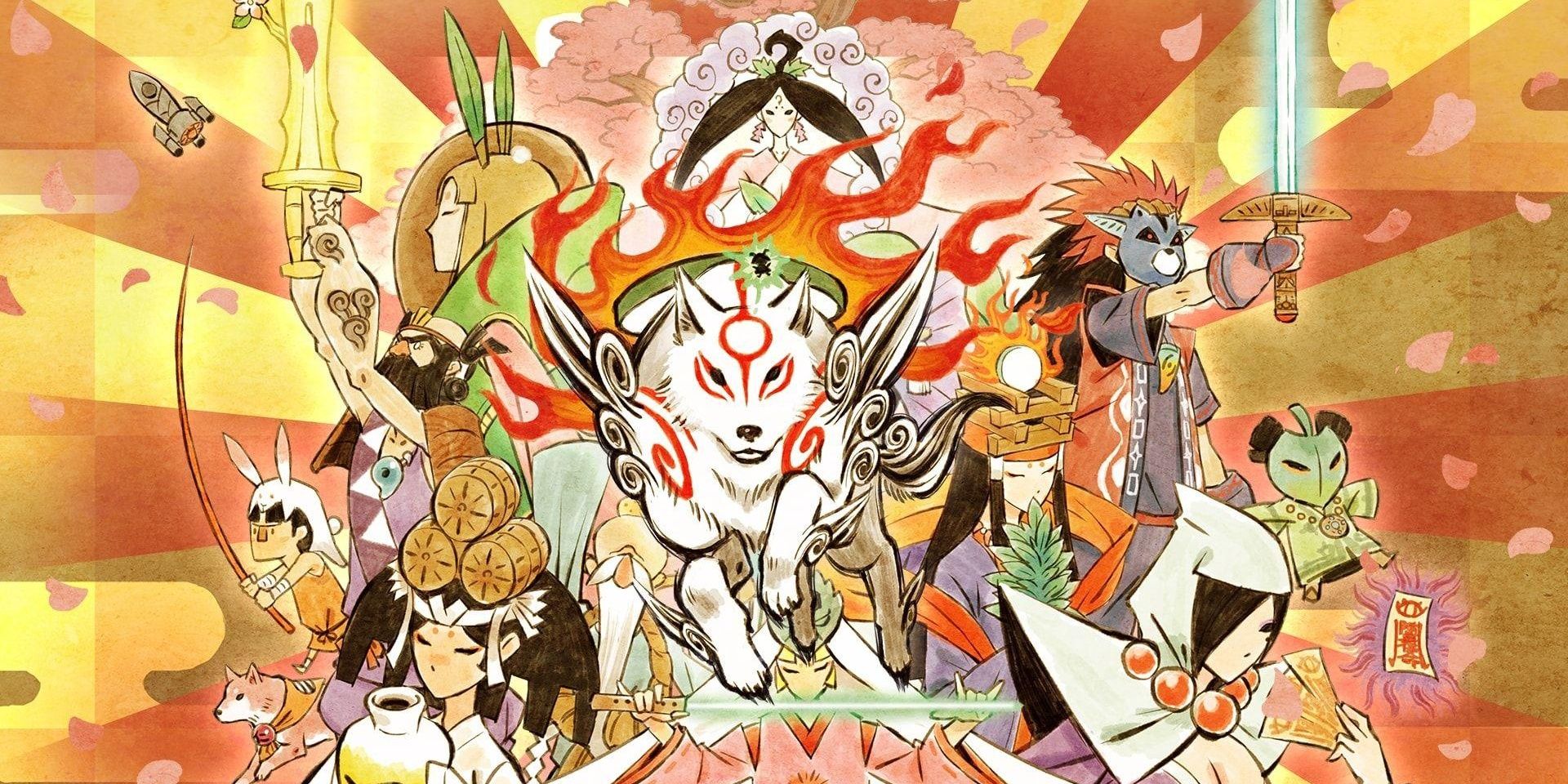 Okami art depicting Amaterasu at the center and the various people she meets along her journey surrounding her as a large stylized sun shines behind them all