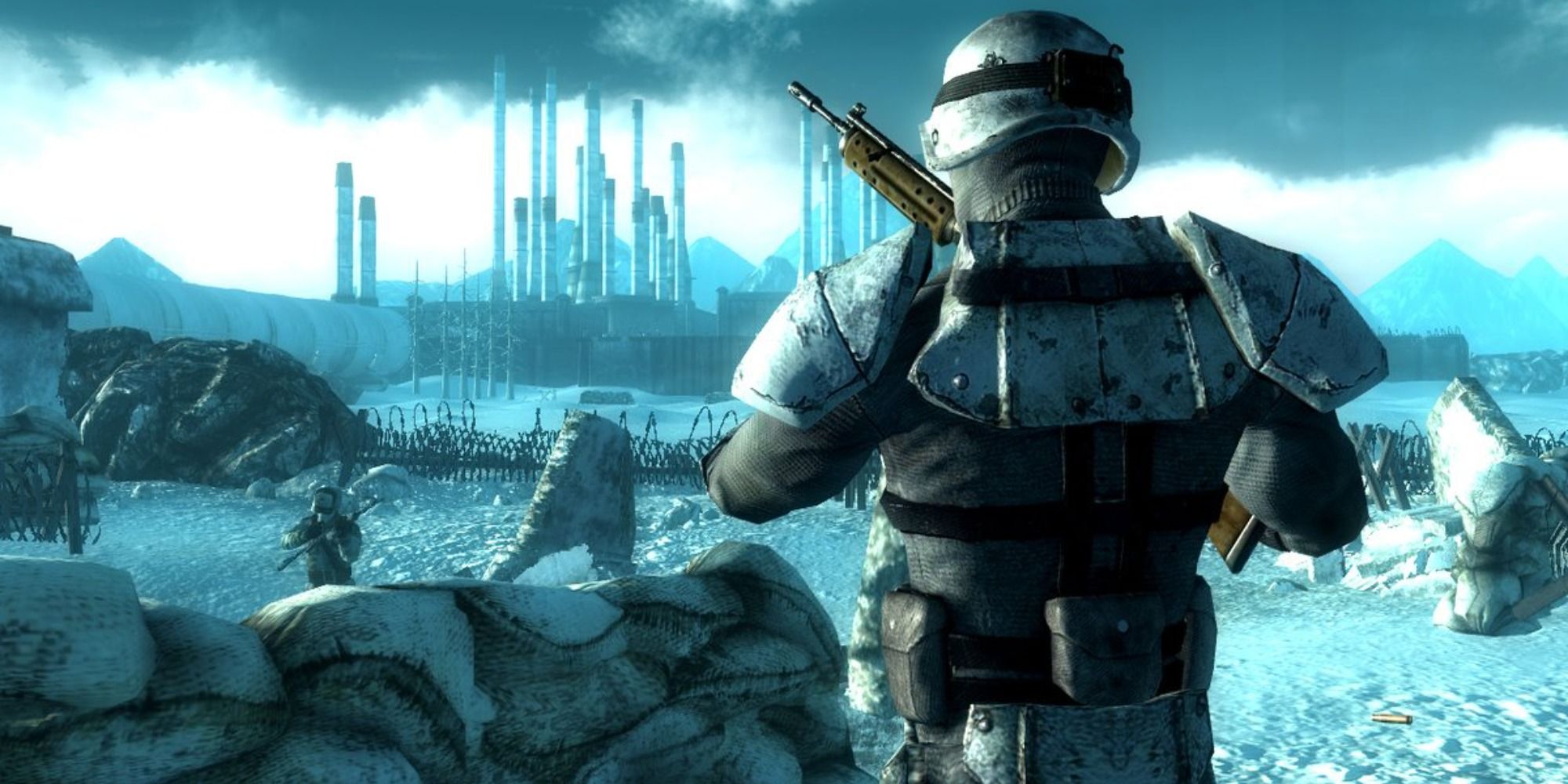 screenshot of Operation Achorage DLC from Fallout 3 with thrid person view of player character in combat armor