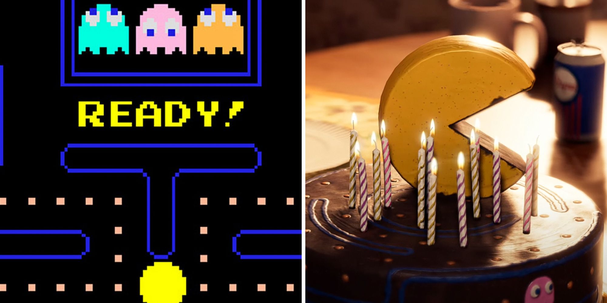 Marvel's Guardians Of The Galaxy. Split image. Pac-Man game on left and Pac-Man cake on right.