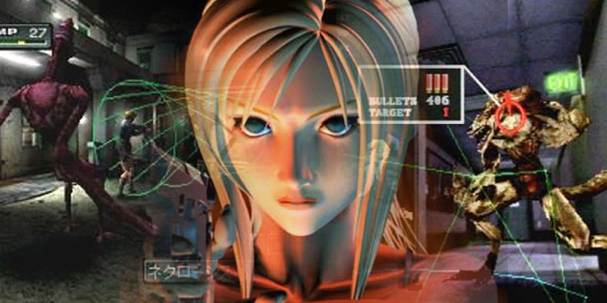 Parasite Eve's protagonist, Aya Brea, superimposed over images of its battle system