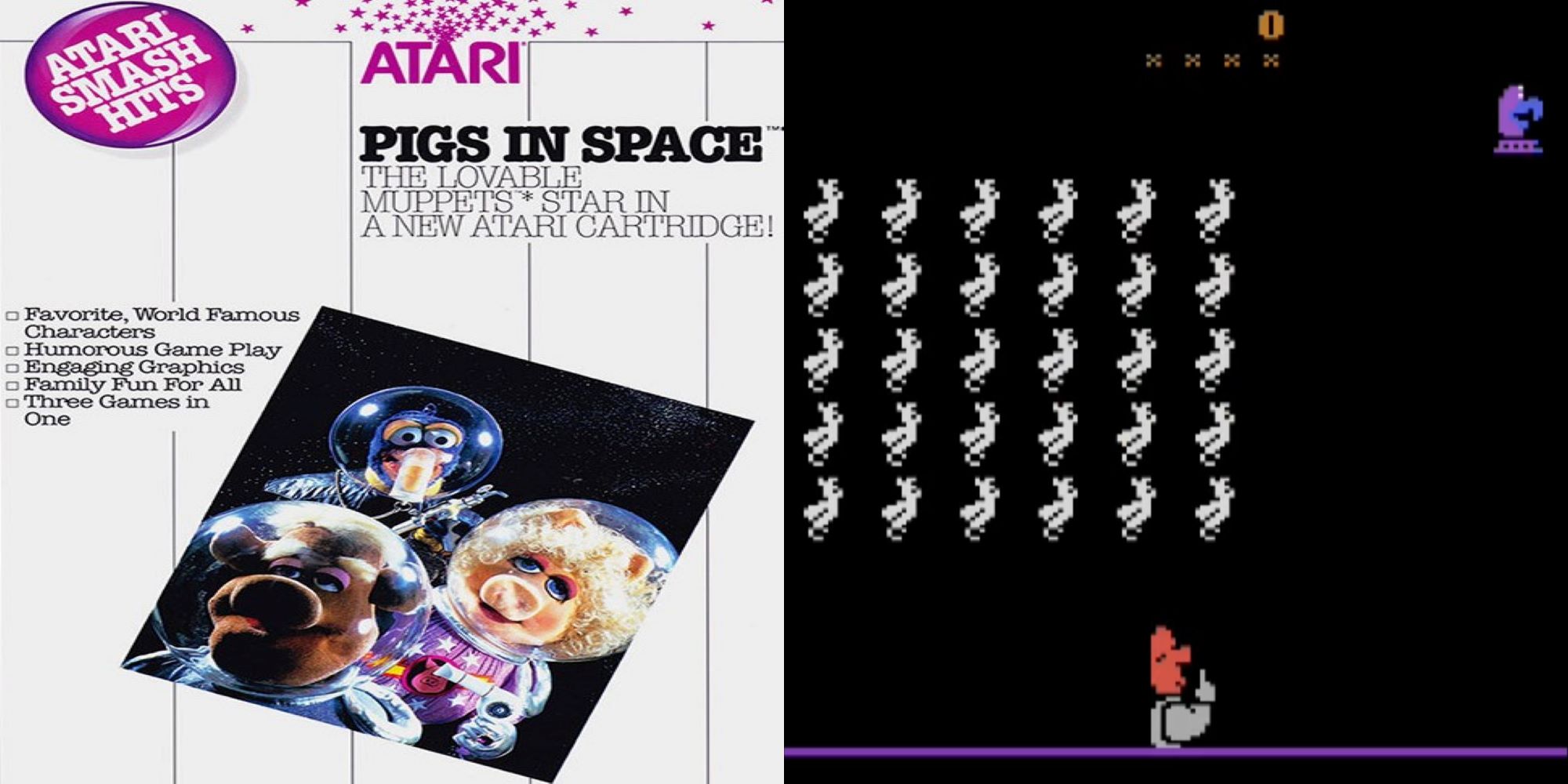 Split image Muppets The Chicken Invaders section of Pigs in Space for the Atari 2600 and a promotinal ad featuring Miss Piggy, Gonzo, and Link Hogthrob