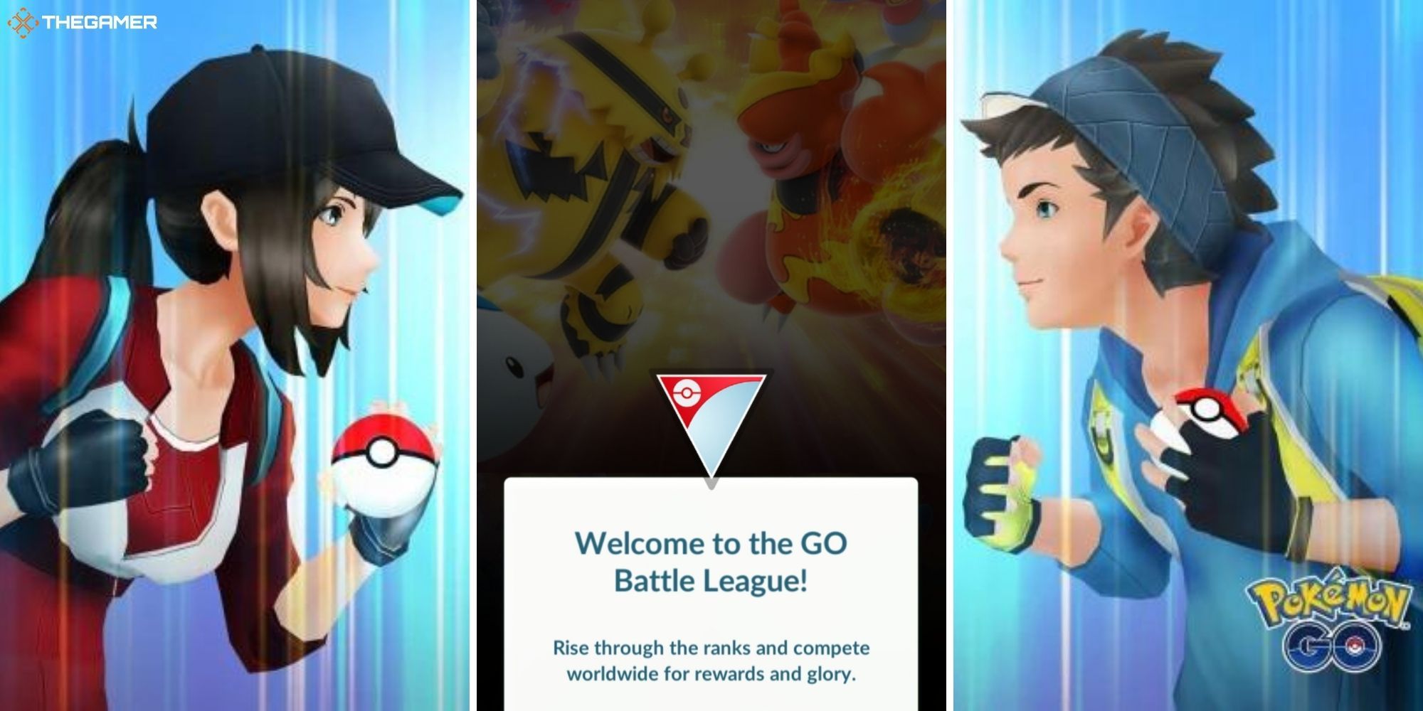 Pokemon GO Promo art on the right and left of players ready for a fight, welcome to the battle league message in centre