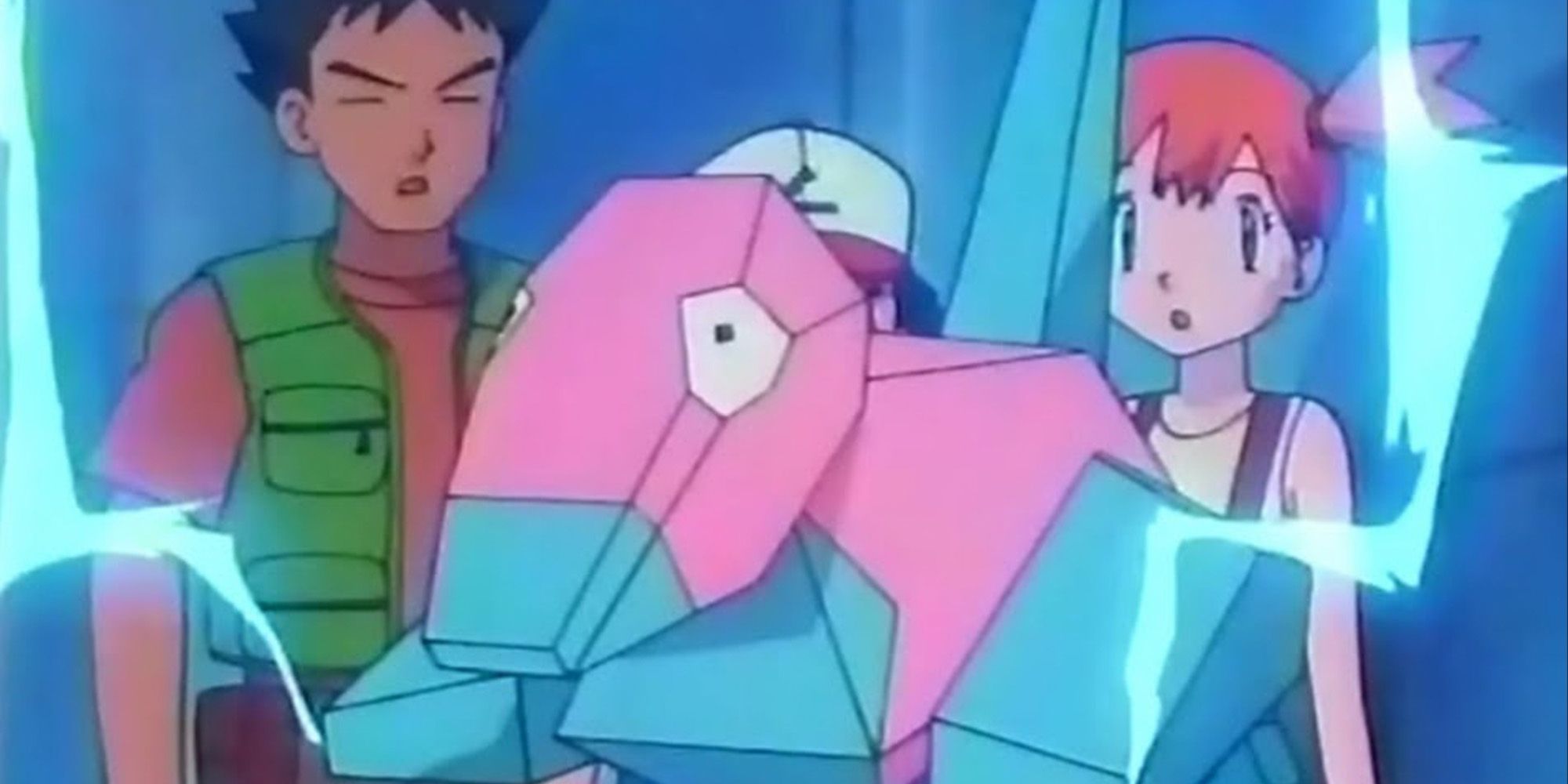screenshot of Porygon with Brock, Ash, And Misty from the Pokémon Anime in the famous seizure episode