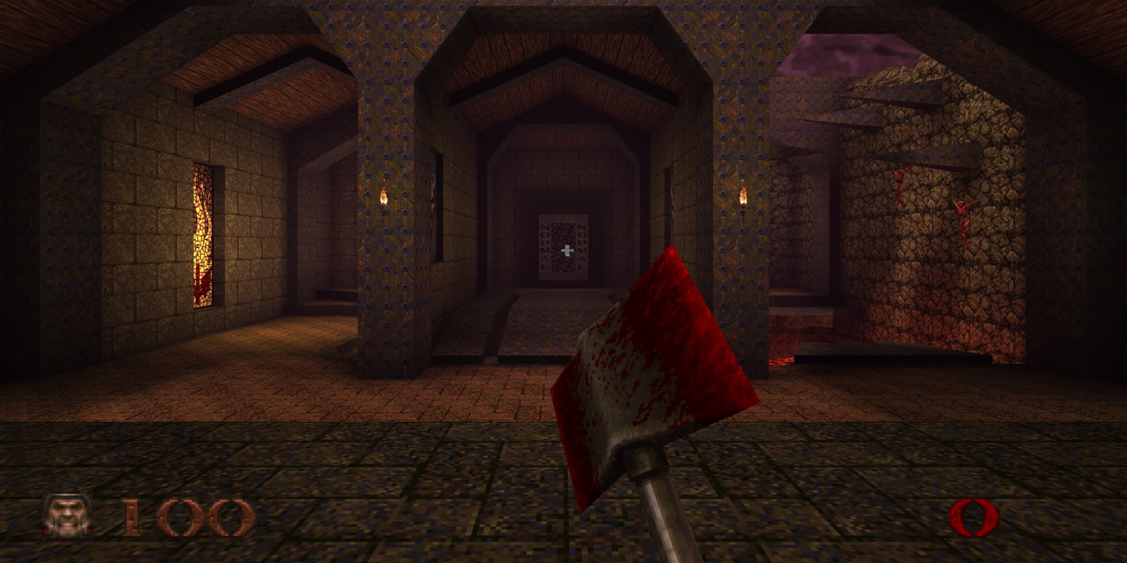 Quake Guy holding axe in a large hall with a portal 