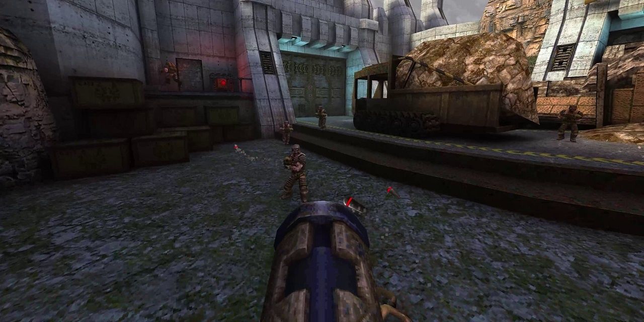 Quake Guy gibbing an enemy with a grenade launcher