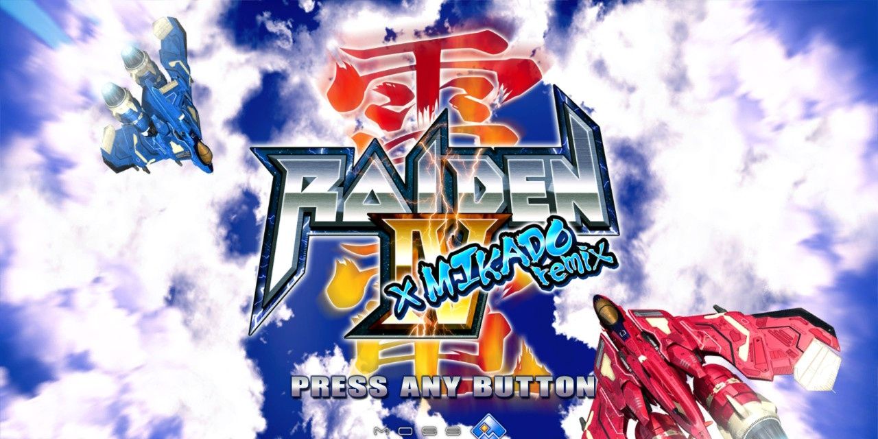 Raiden IV x Mikado Remix Title Screen with player 1 and player 2 fighting thunders