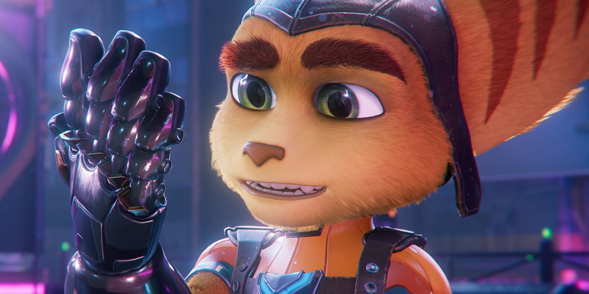 Ratchet & Clank: Rift Apart. Ratchet looking at his hand.