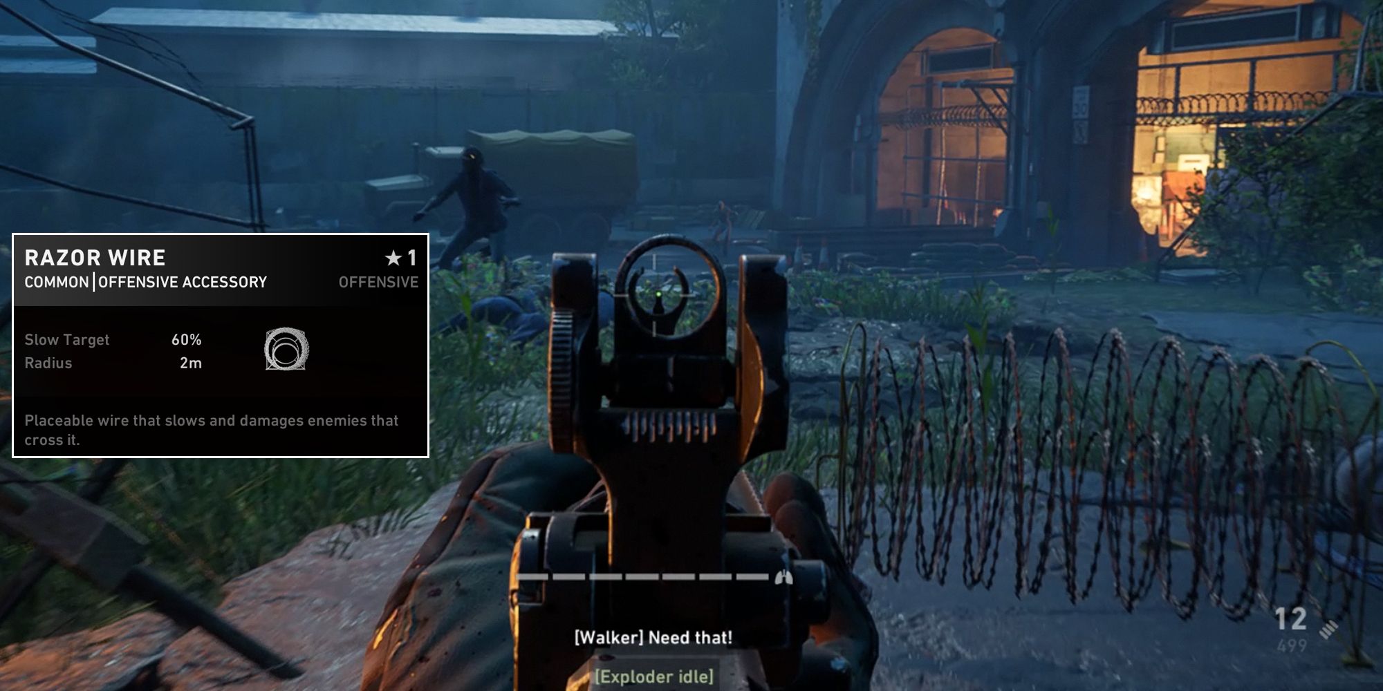Back 4 Blood. Gun sight aimed at a zombie with razor wire on the floor. Razor wire details on screen.